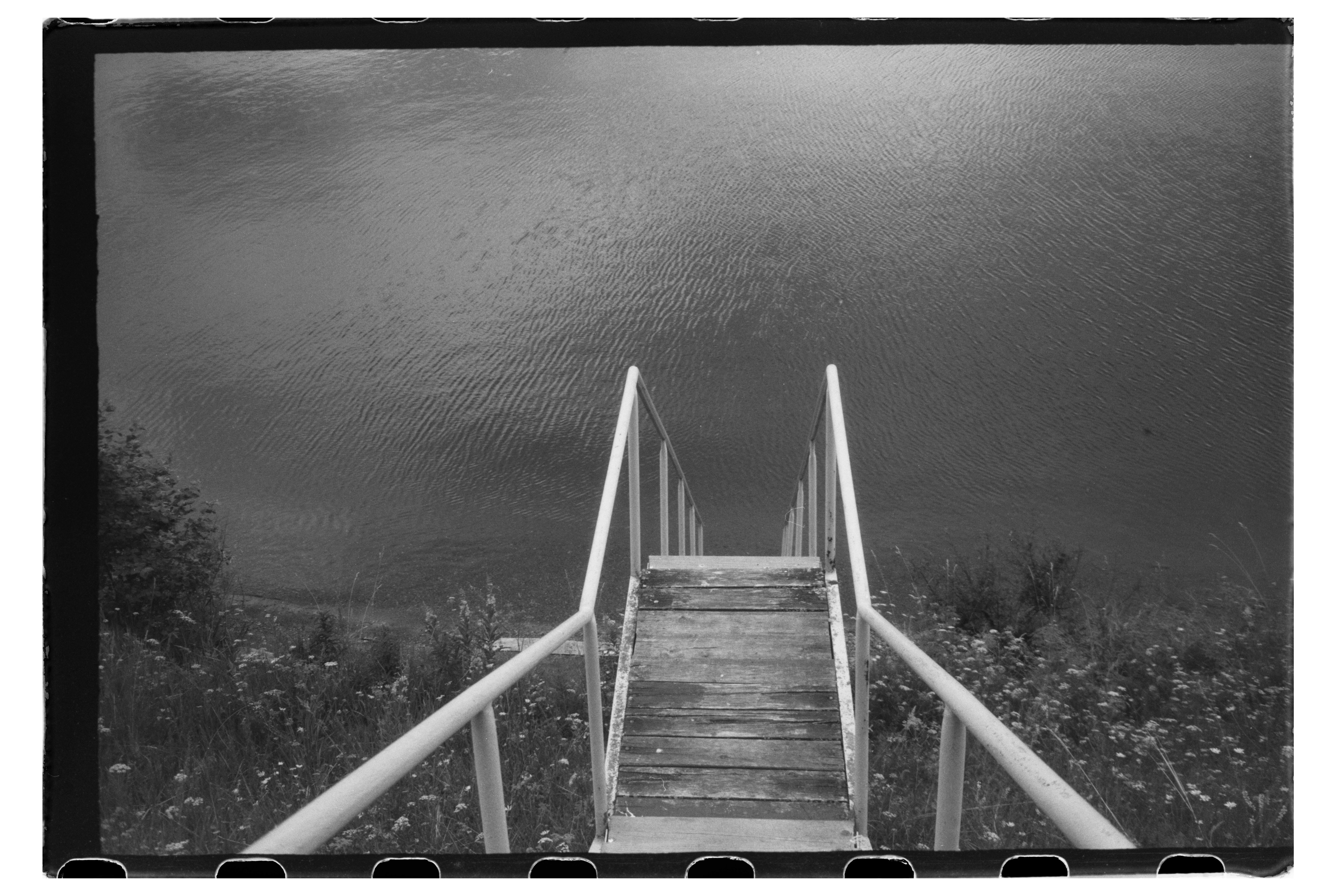 A wooden staircase with metal railings leading down into dark rippling water
