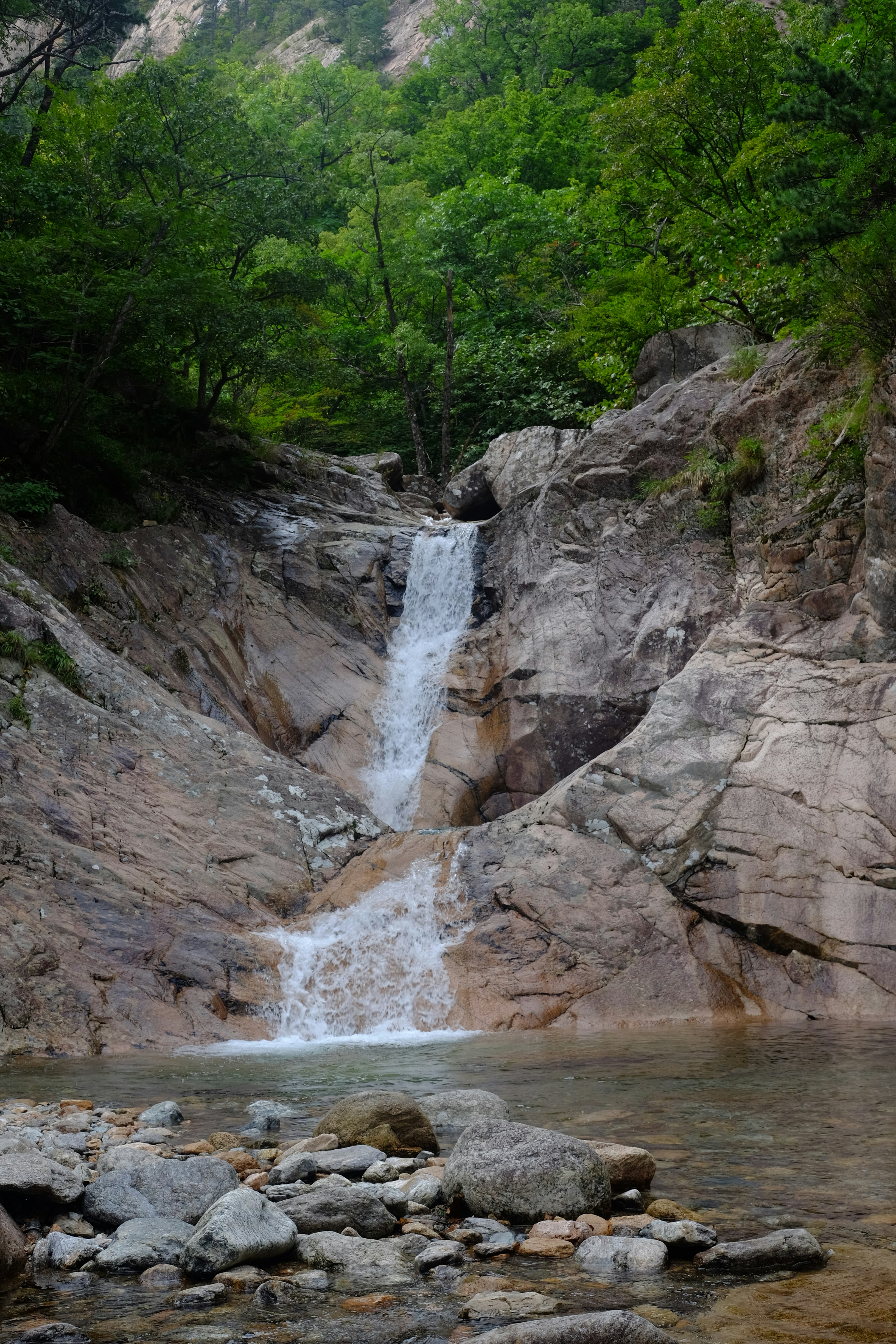A tiered waterfall cascading over smooth grey rocks into a clear mountain pool