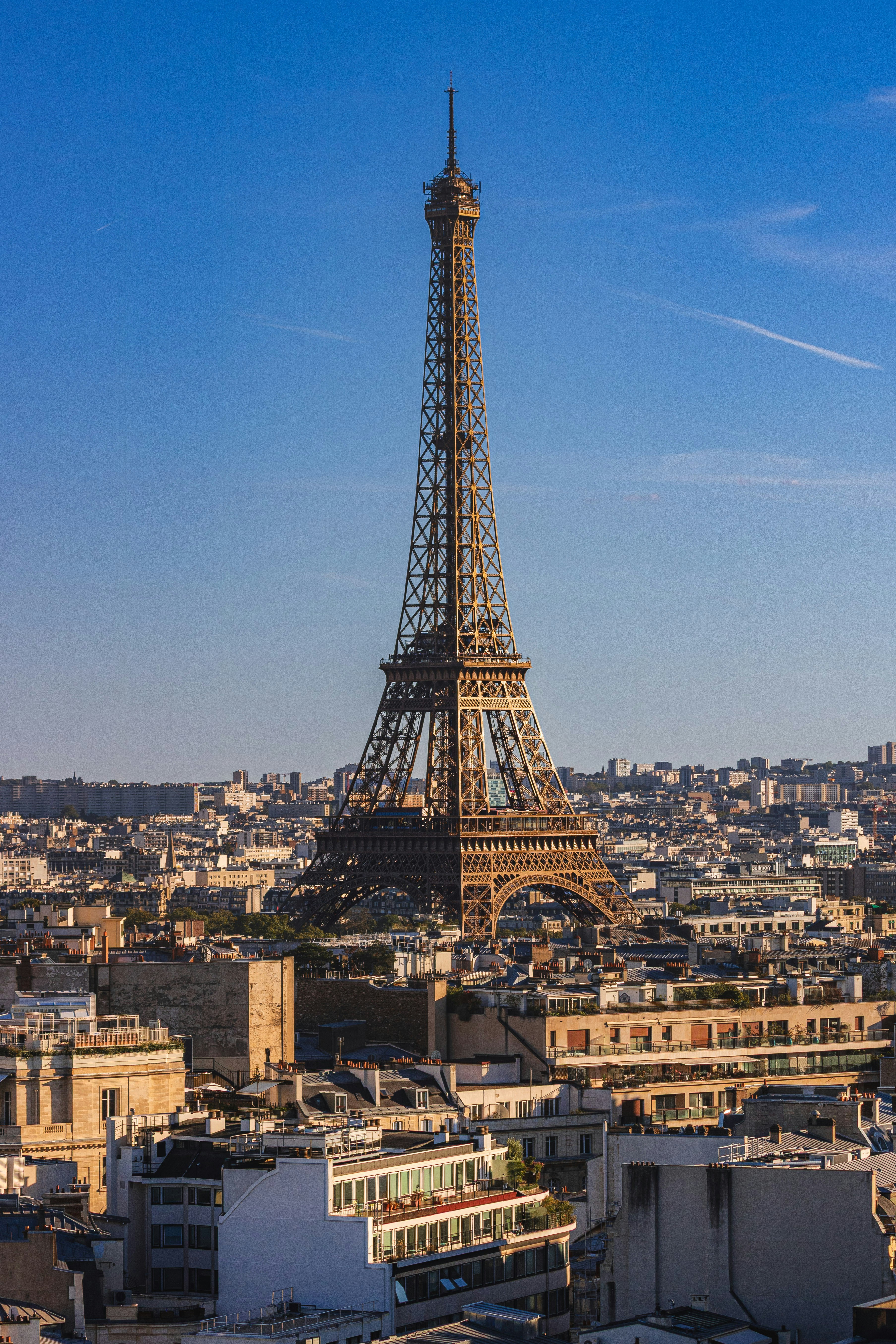The Eiffel Tower rising above the dense urban skyline of Paris at golden hour