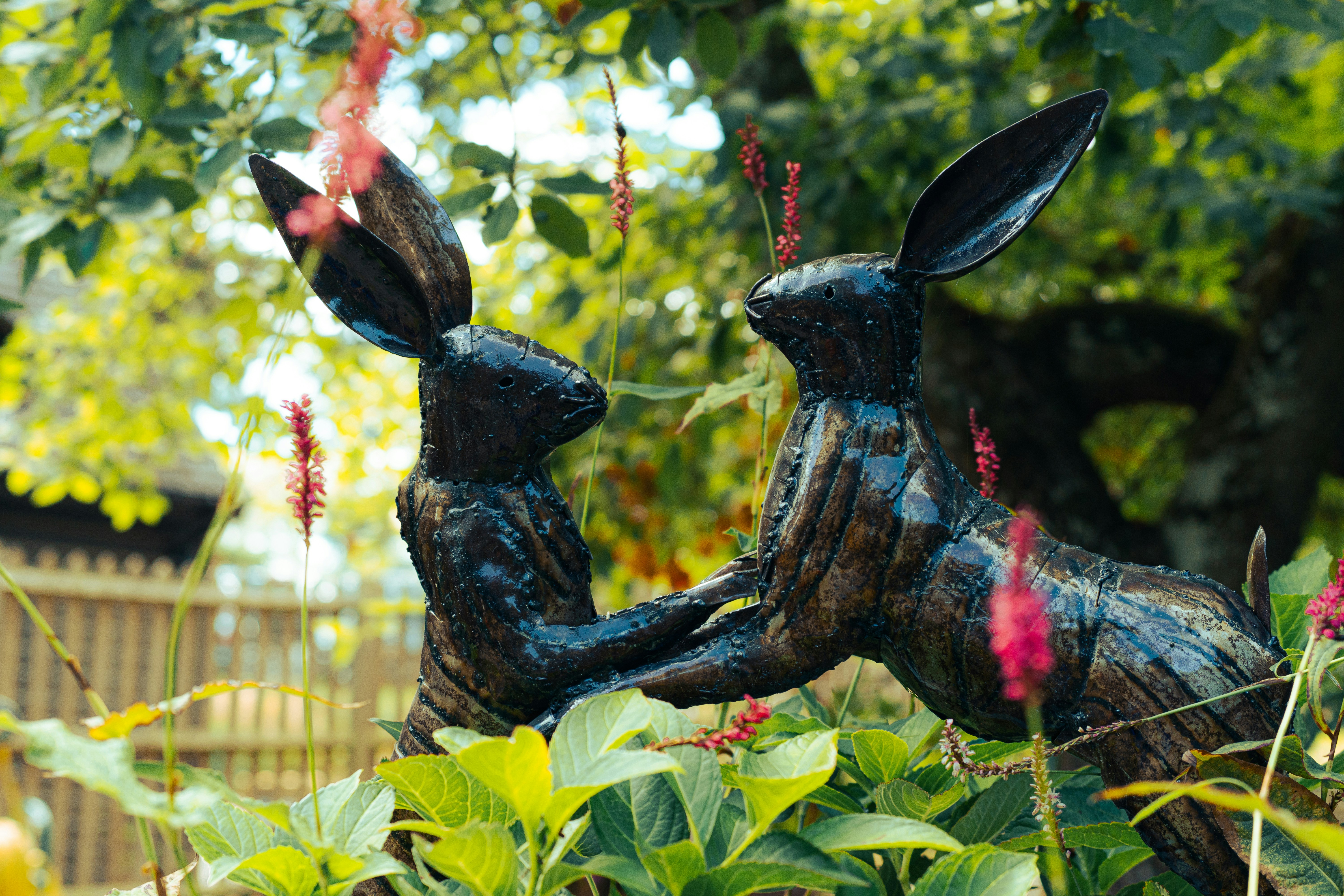 Two dark metal rabbit sculptures facing each other in a lush green garden