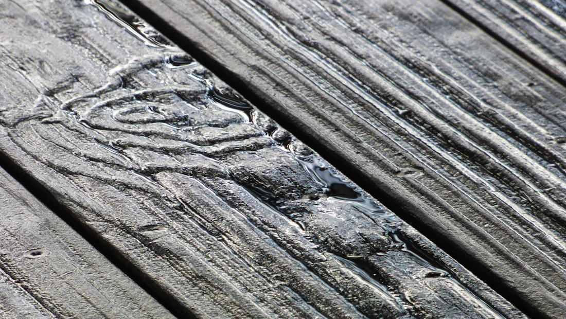 Close-up of weathered gray deck boards holding rainwater