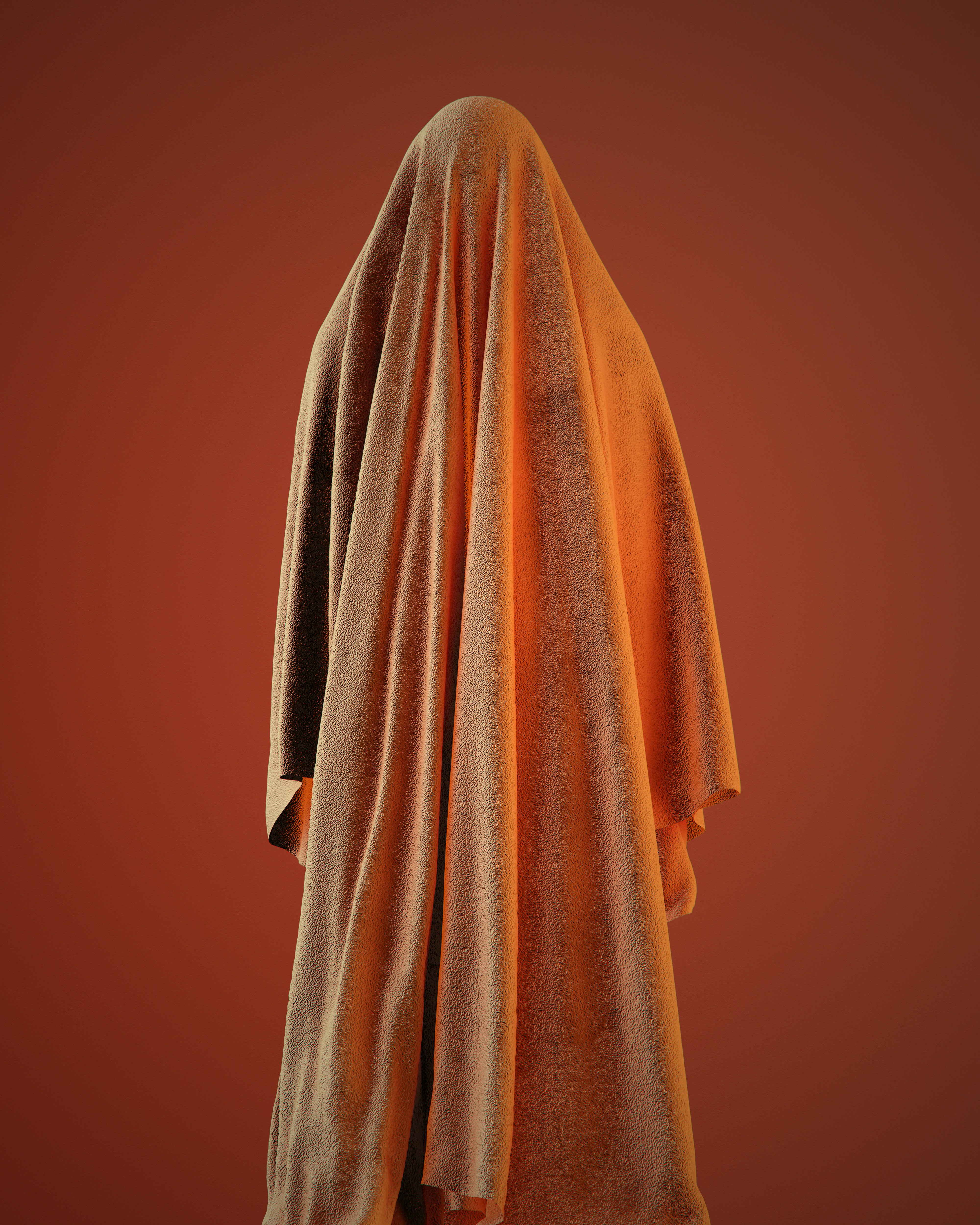 A person draped in a textured tan cloth against a solid dark orange background
