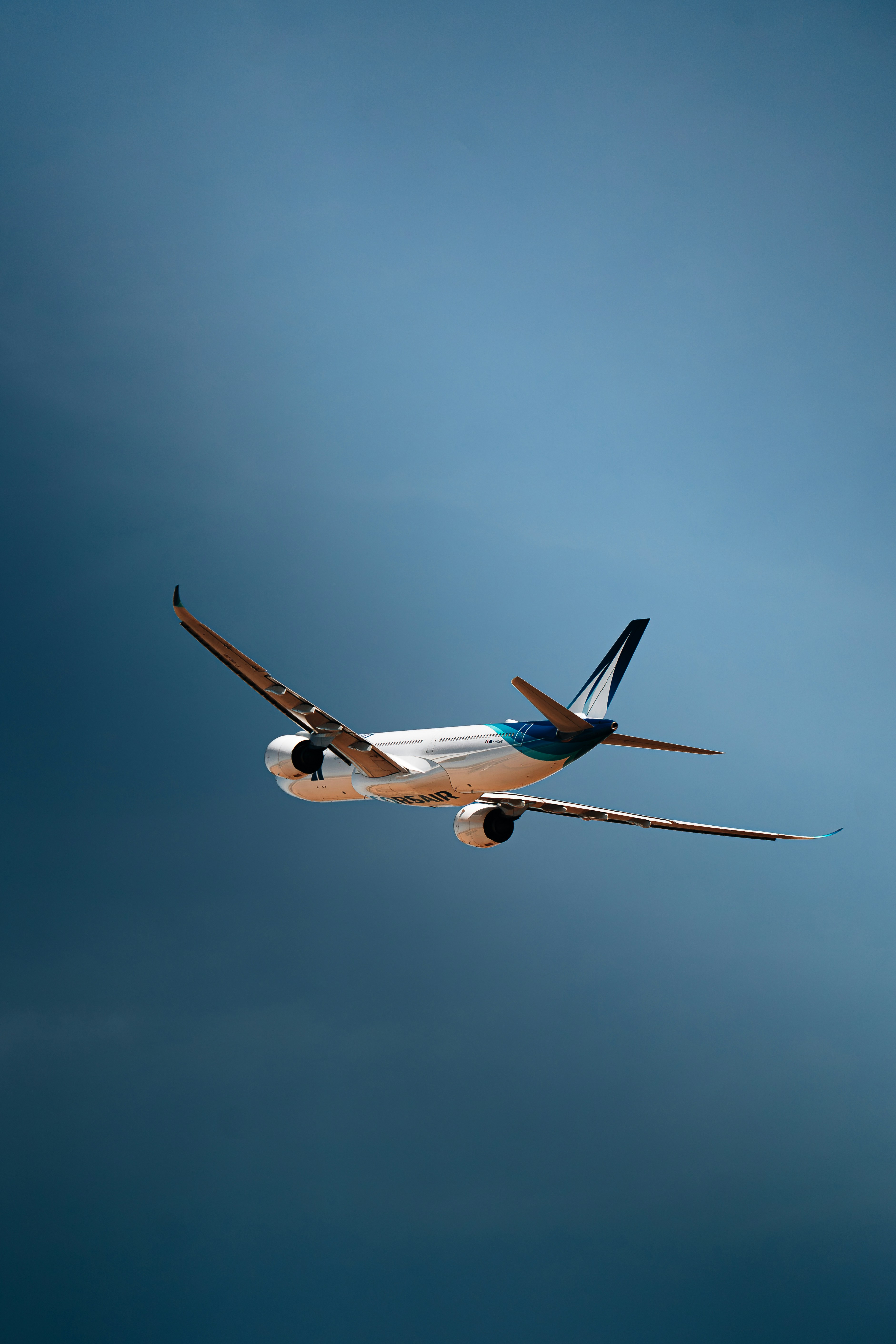 Ein weißes Passagierflugzeug fliegt durch einen klarblauen Himmel