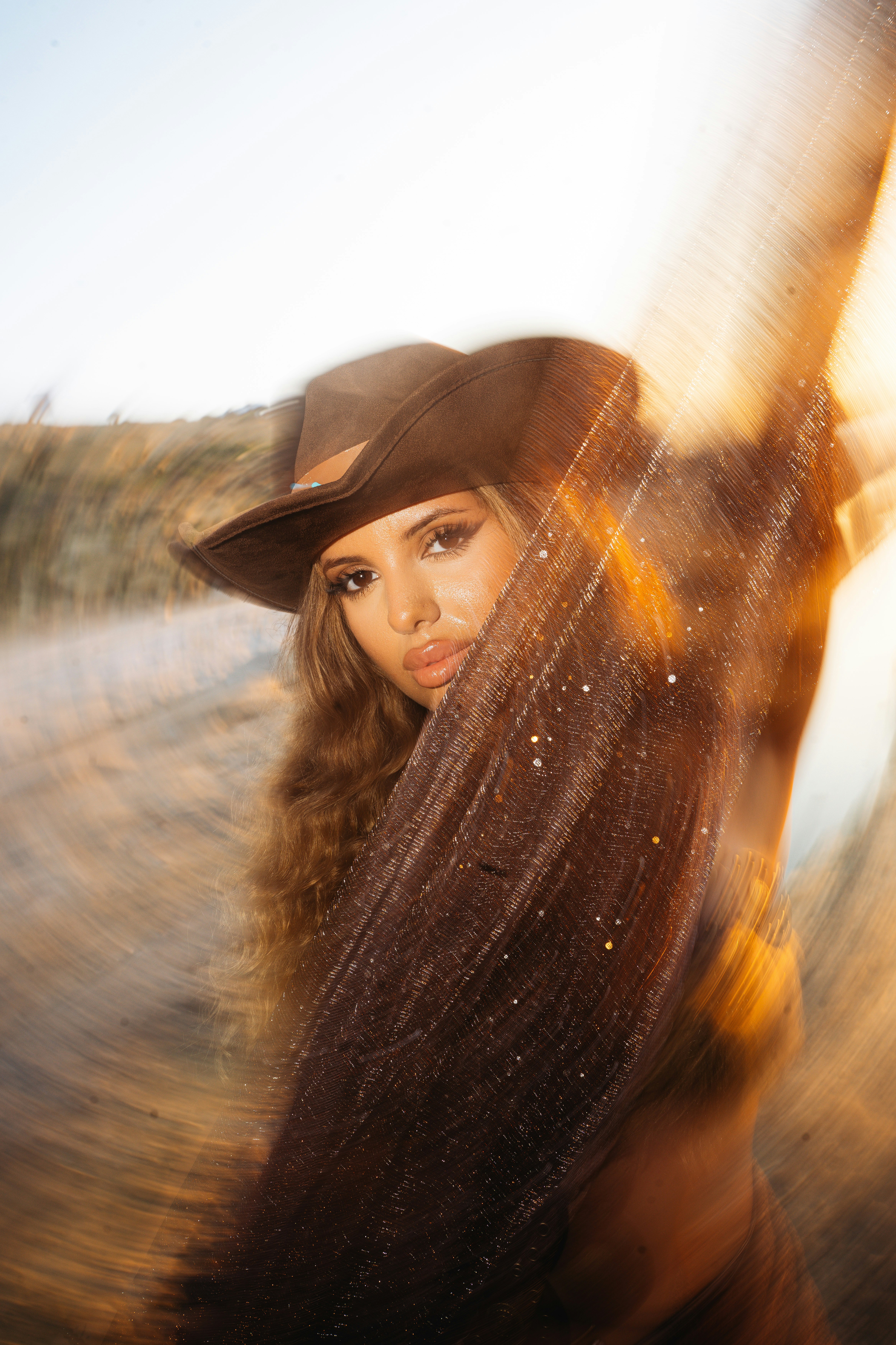 A woman in a brown cowboy hat behind a shimmering dark veil