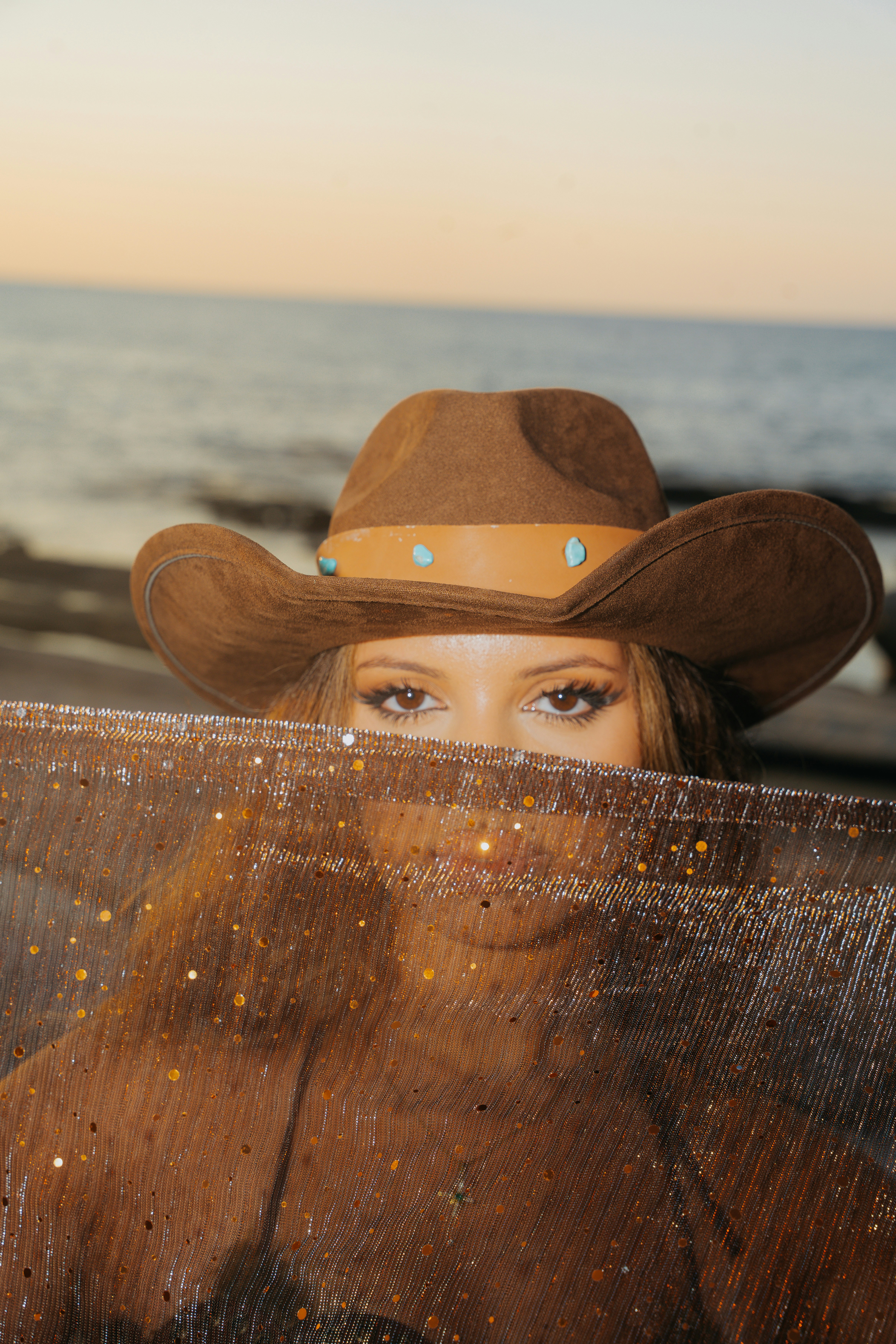 A person wearing a brown cowboy hat behind a shimmering gold veil at dusk