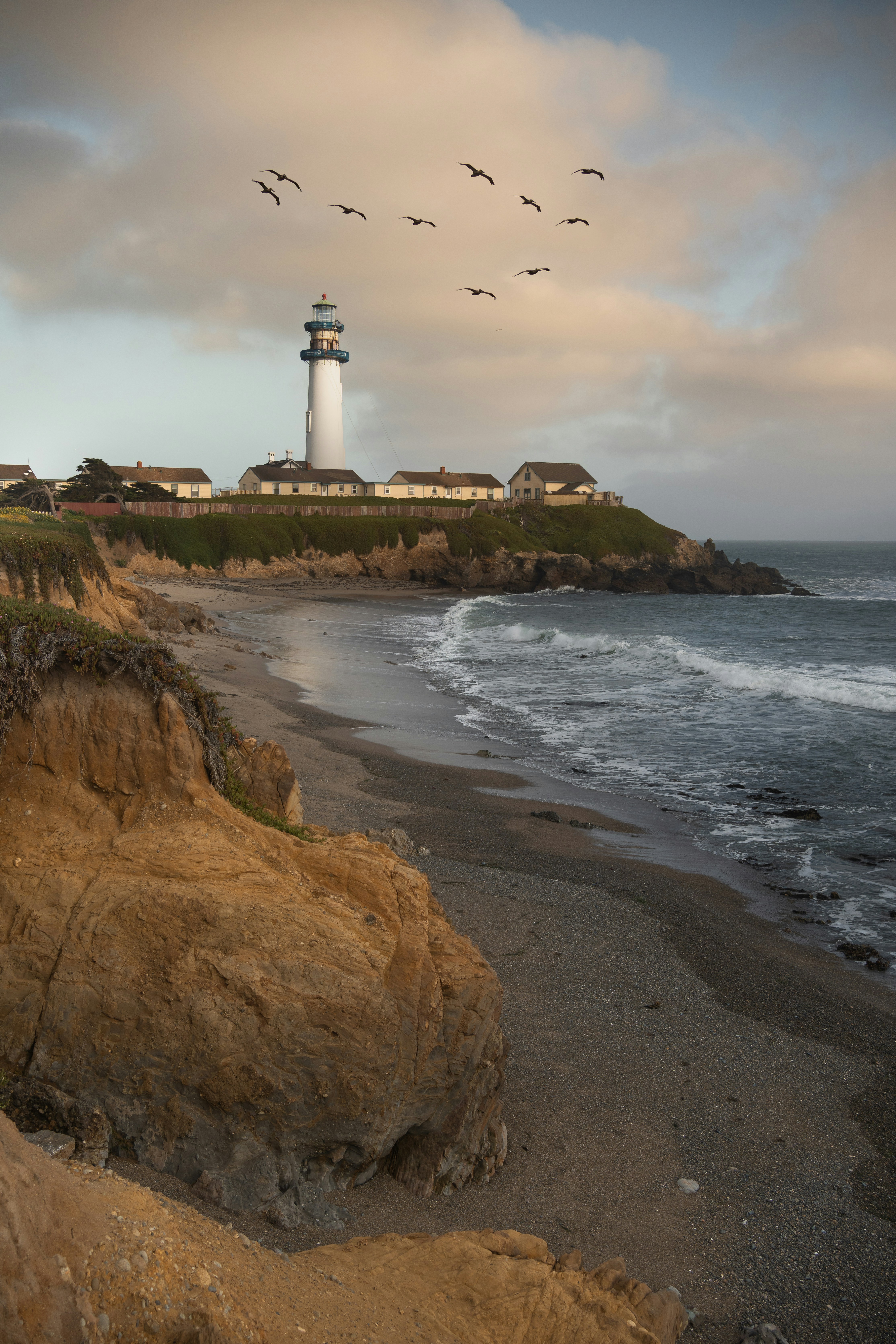 A lighthouse on a coastal cliff above a sandy beach with birds flying overhead