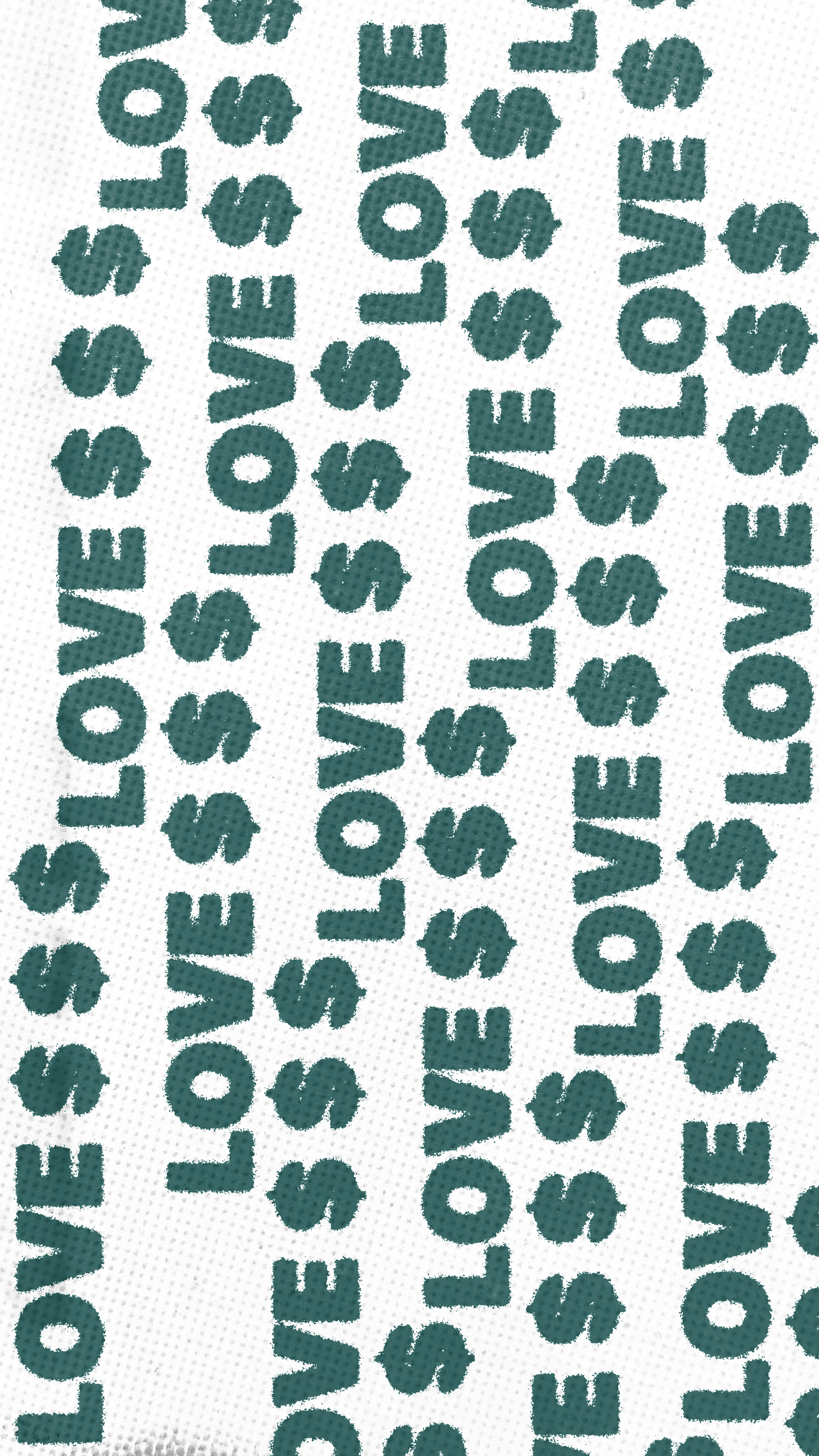 Repeating dark green text reading LOVE and dollar signs on a white background