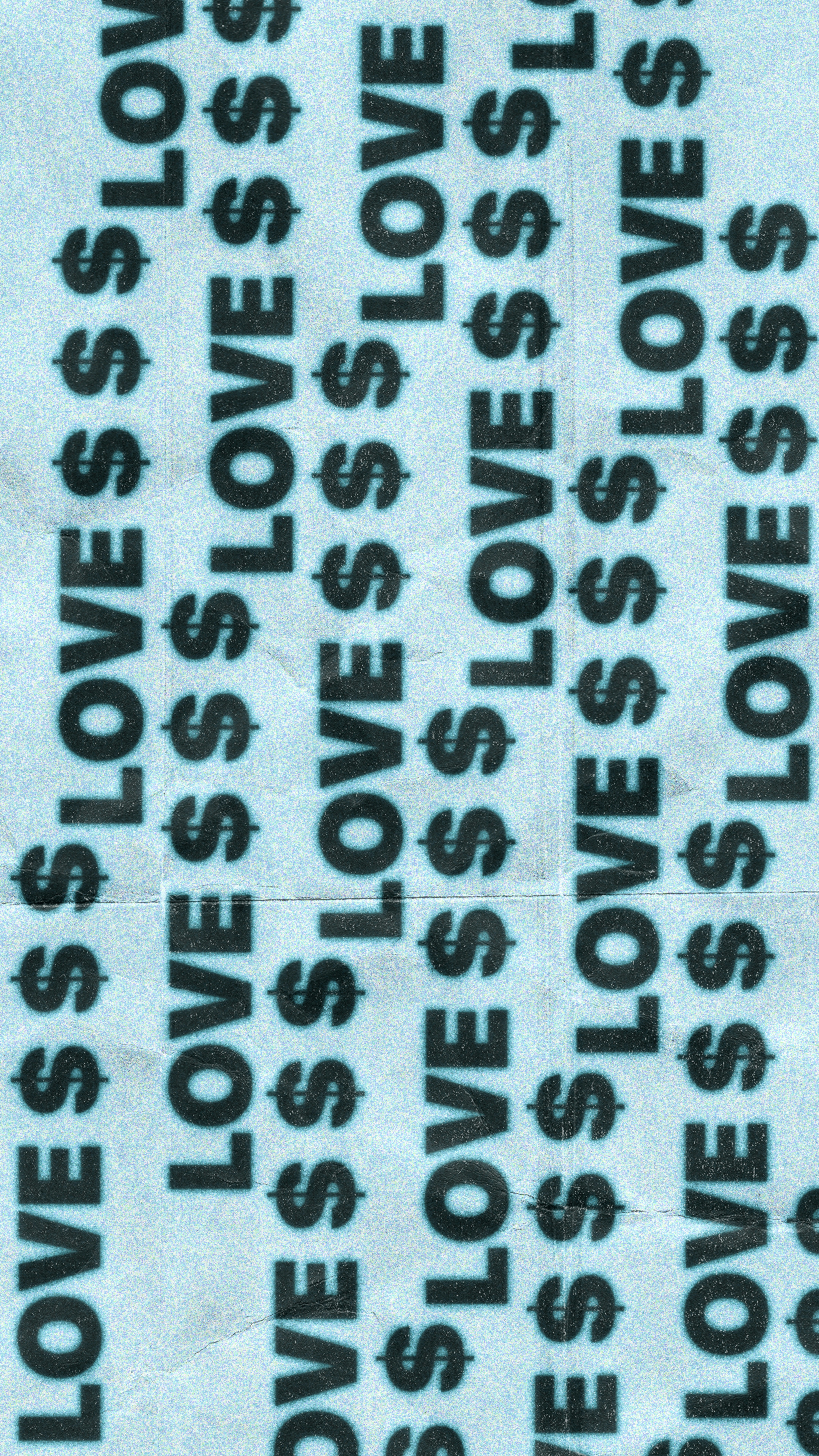 Vertical columns of the word LOVE with dollar signs on a light blue background