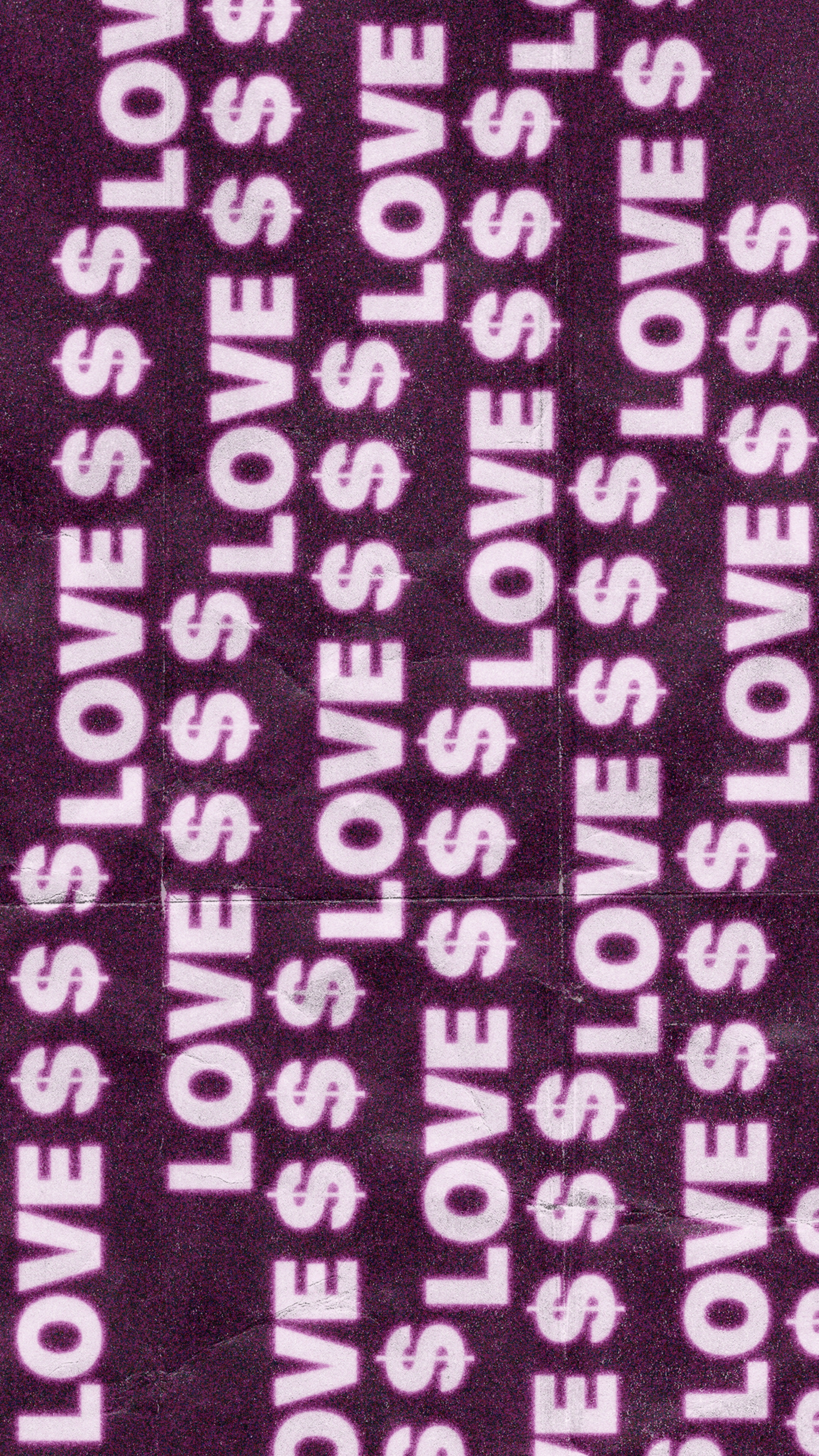 Repeating white text reading LOVE with dollar signs on a dark purple background