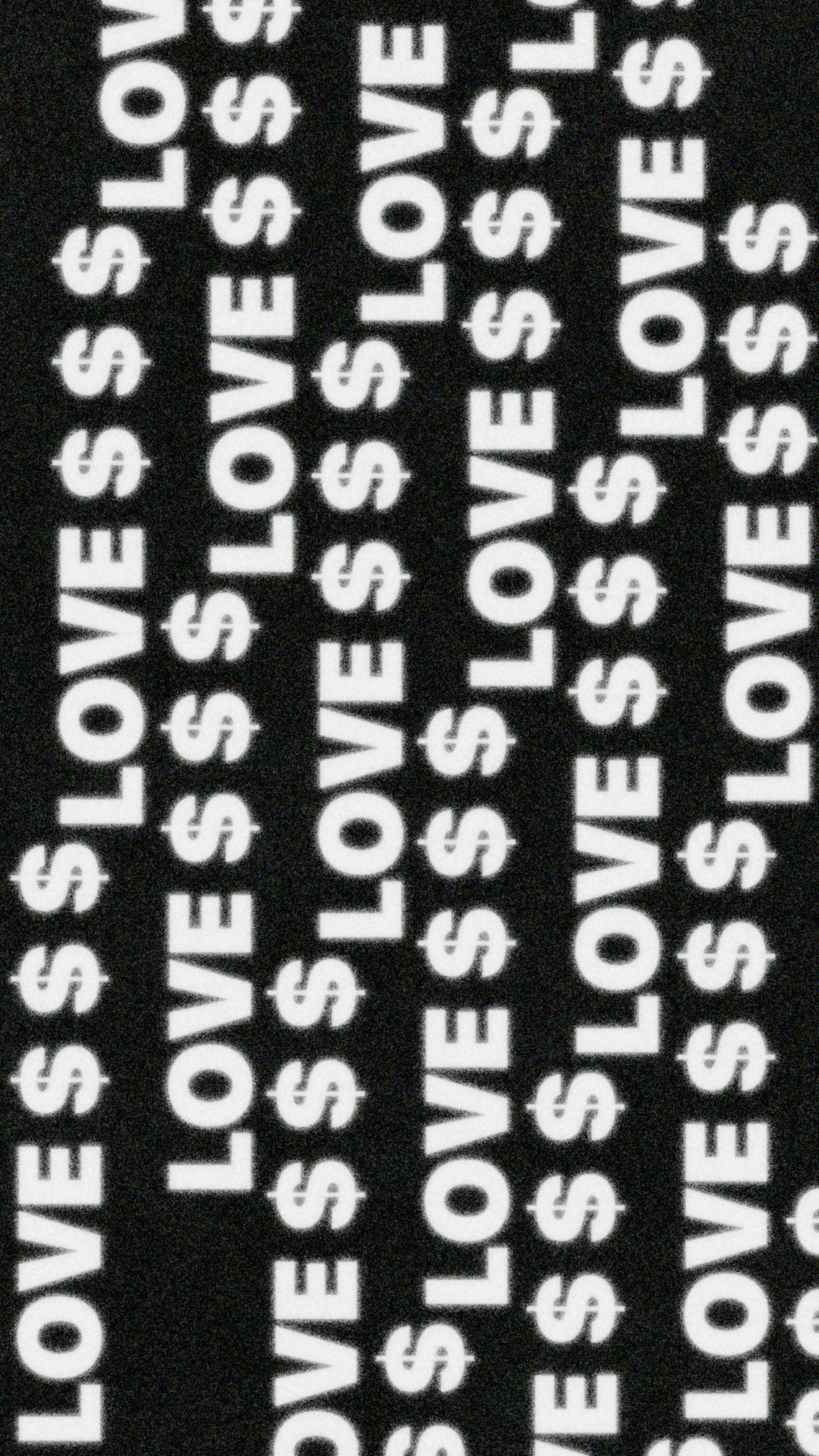 Vertical columns of the word LOVE with dollar signs on a black background