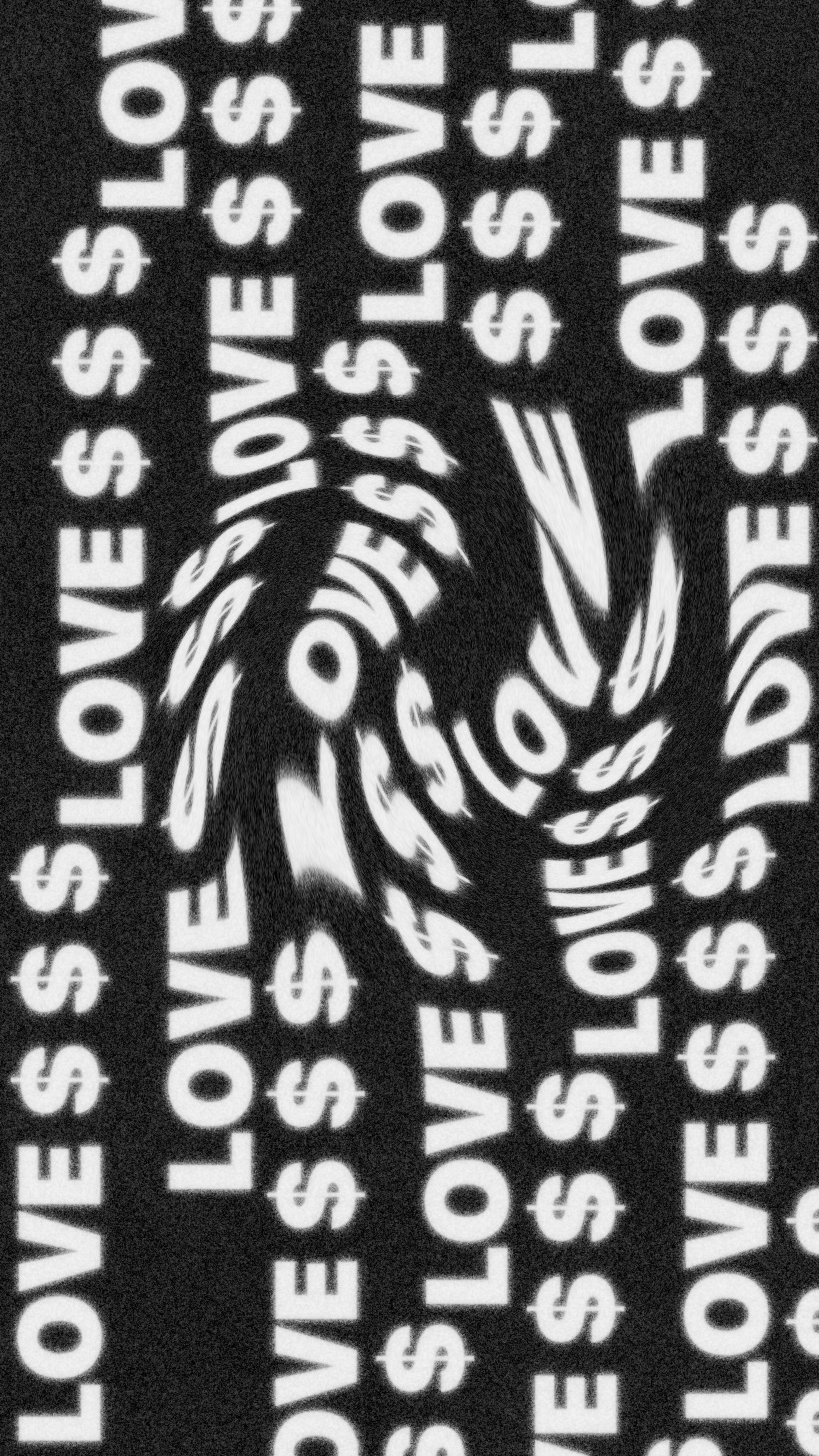 White text reading LOVE and dollar signs in a swirling pattern on black