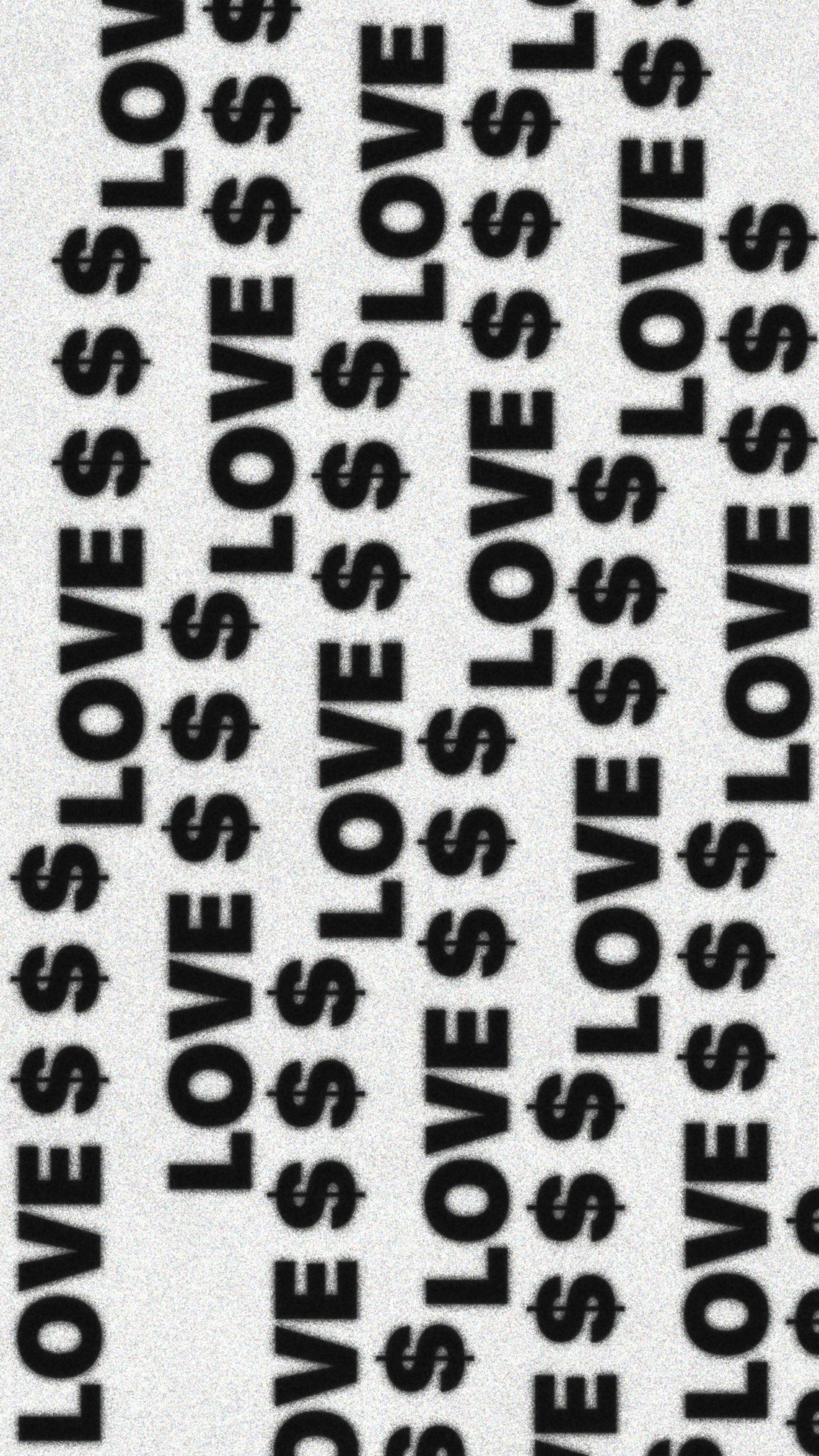 Repeating black text reading LOVE and dollar signs on a textured white background