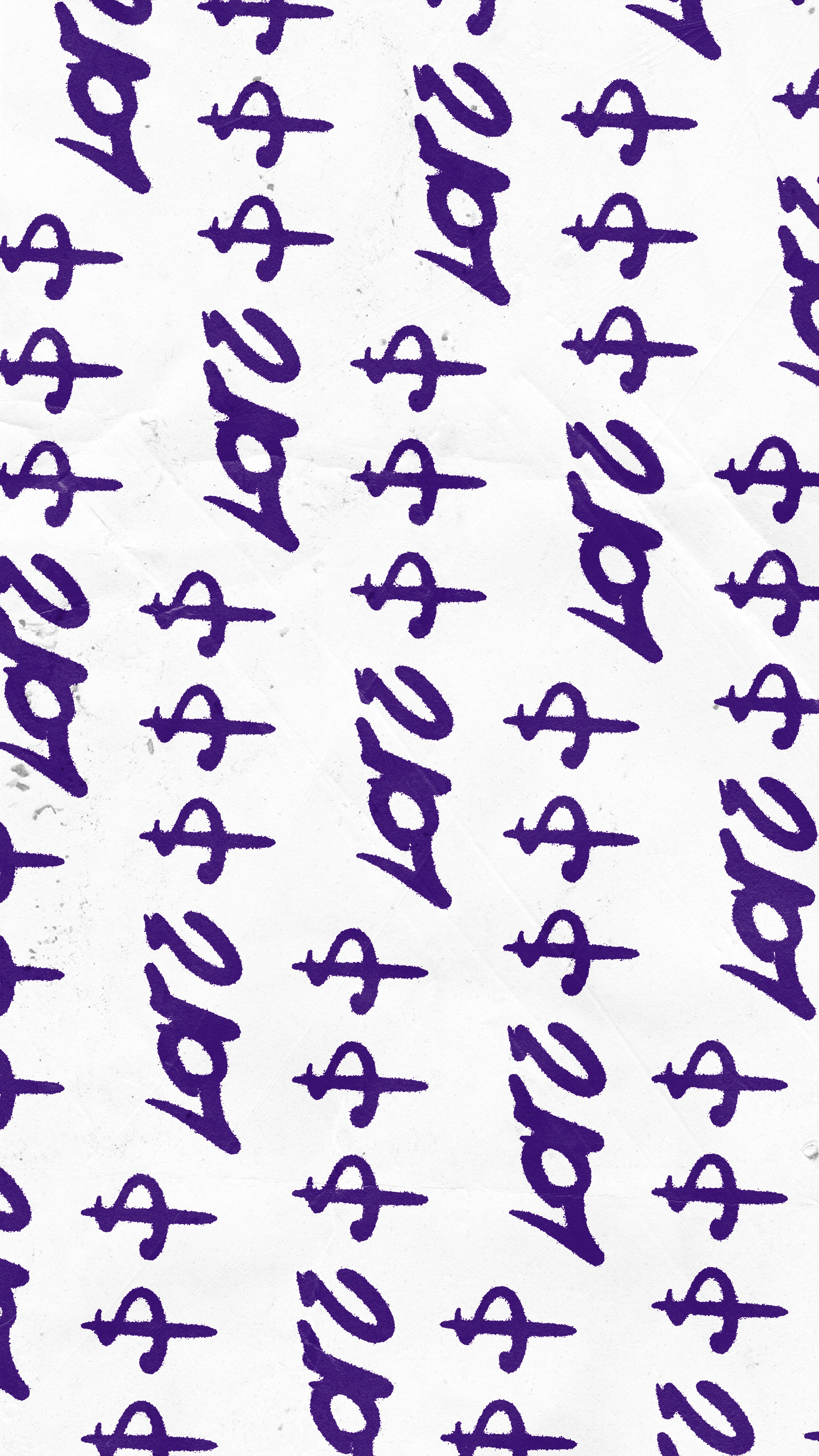 Purple handwritten dollar signs and text on a white paper background