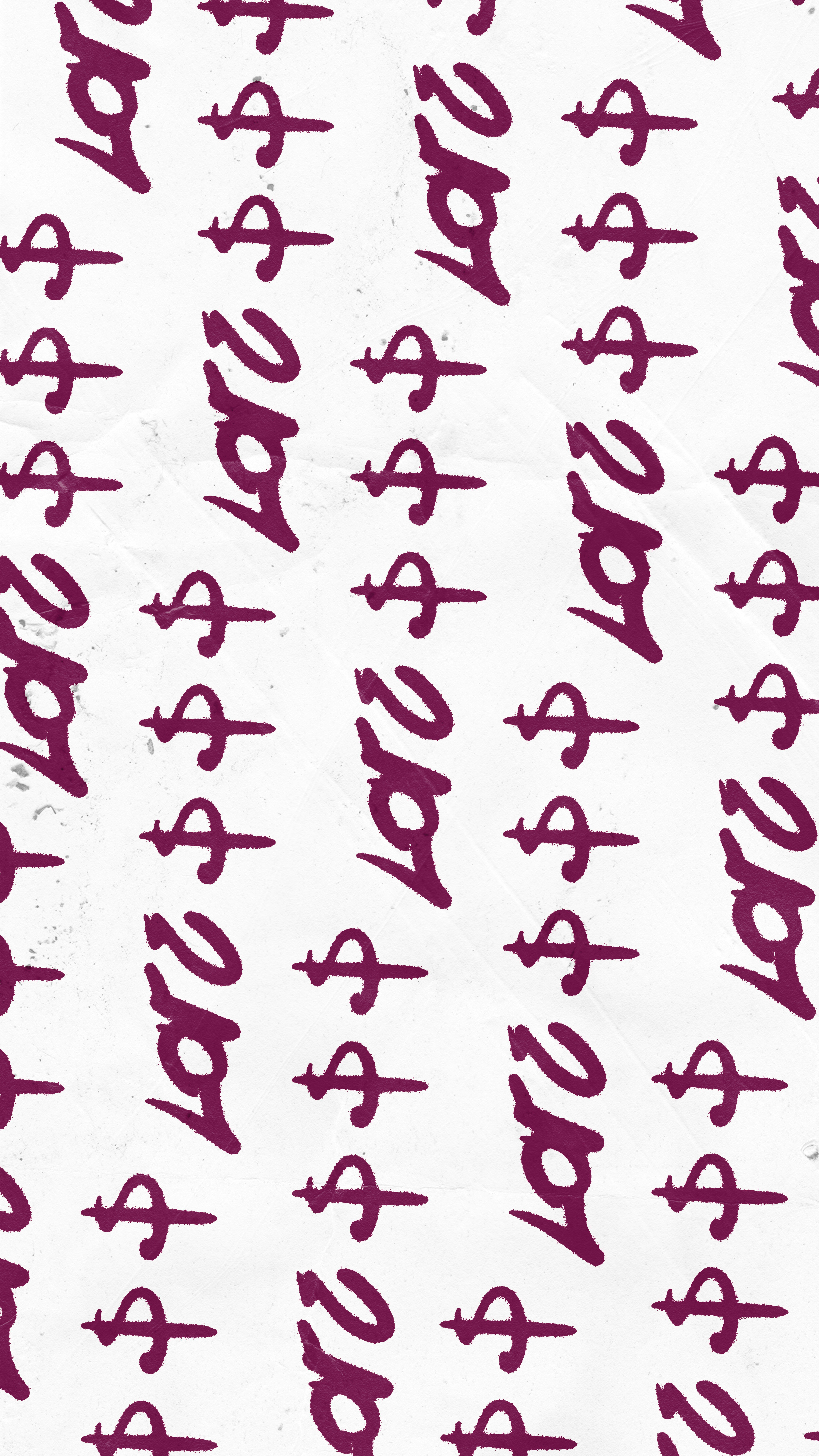 Rows of hand-drawn purple dollar signs on a white textured paper surface