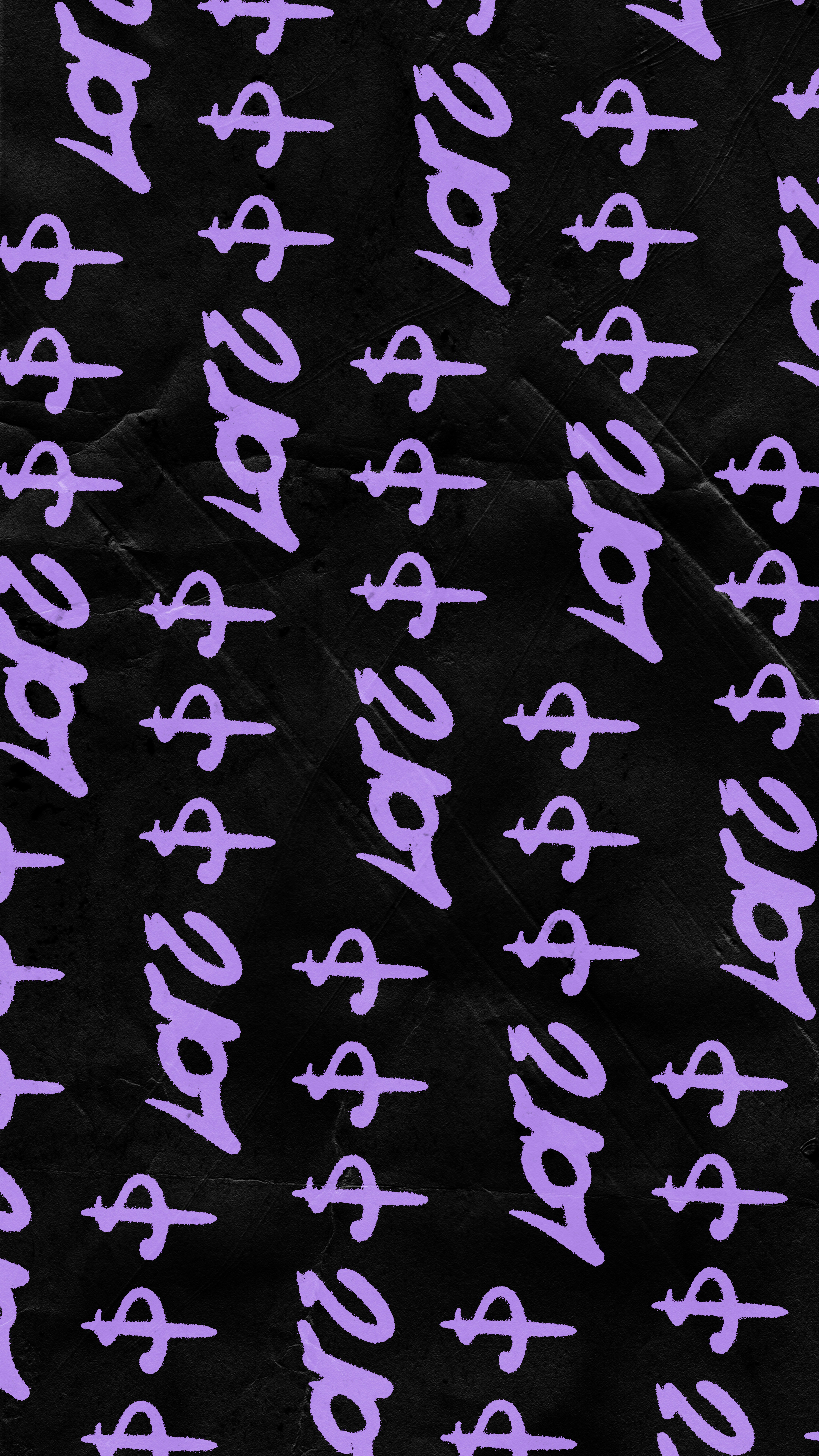 A pattern of light purple dollar signs on a textured black background