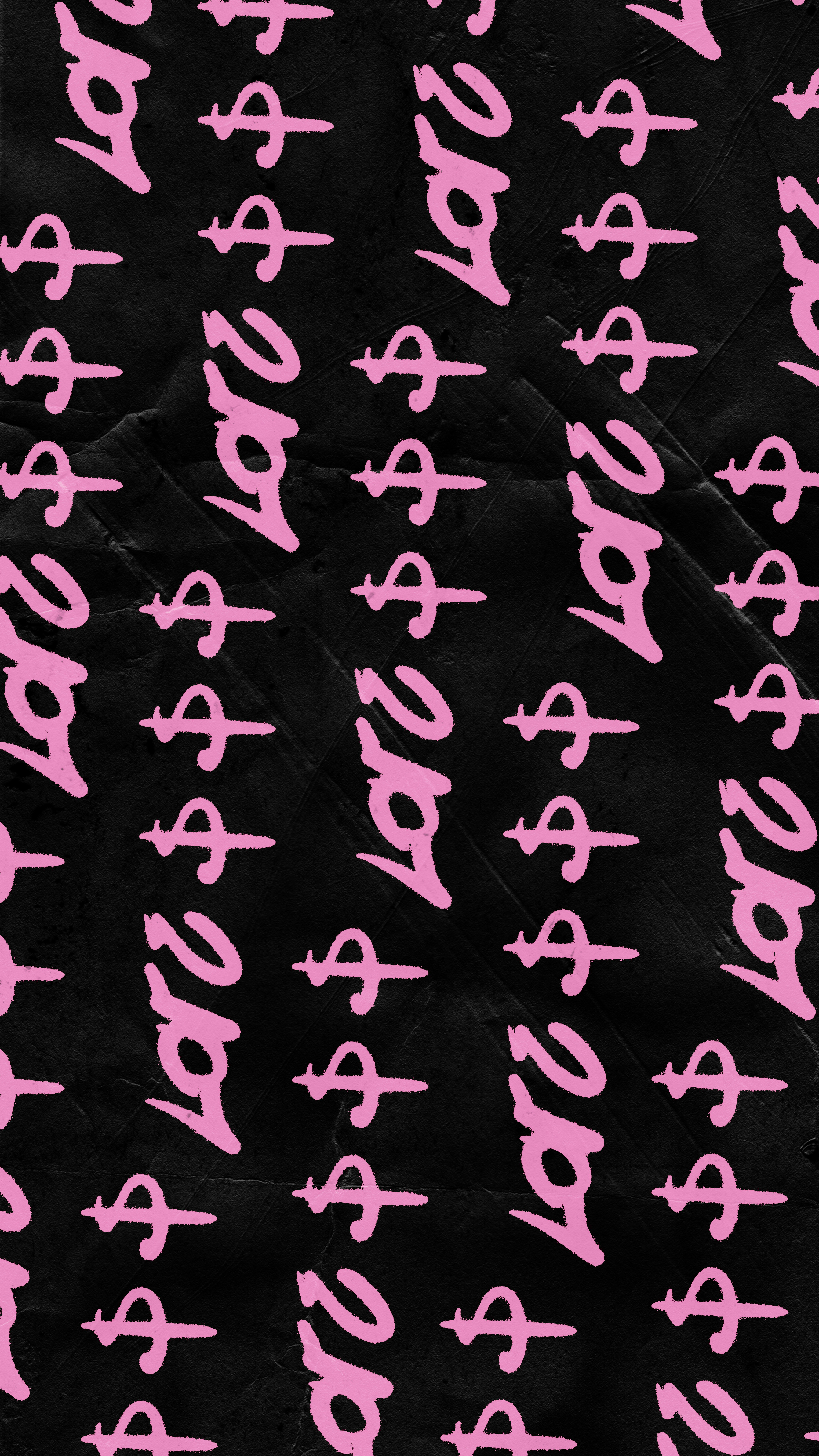 Pink dollar signs arranged in vertical rows on a textured black background