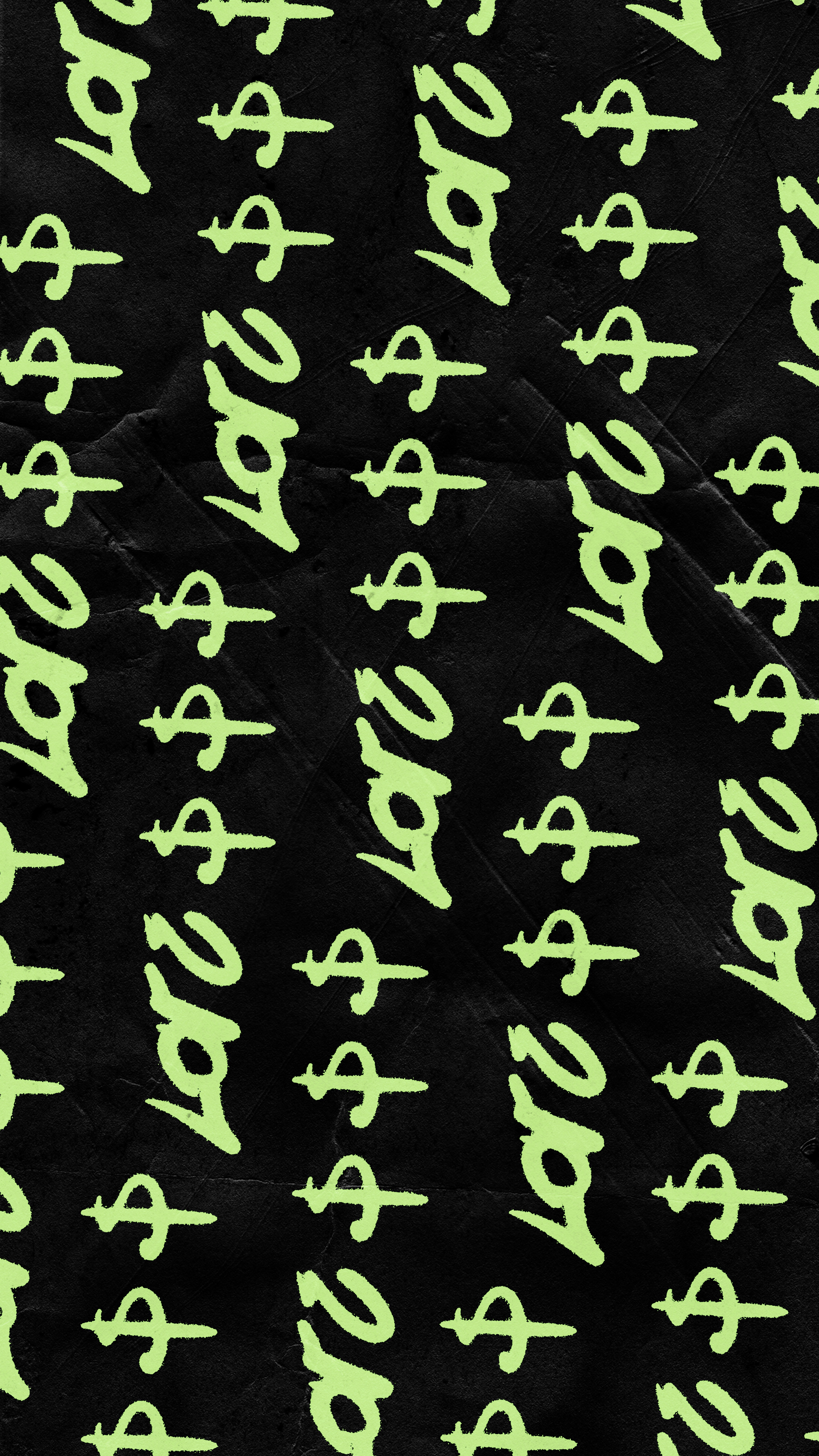 Light green dollar signs painted in rows on a textured black background