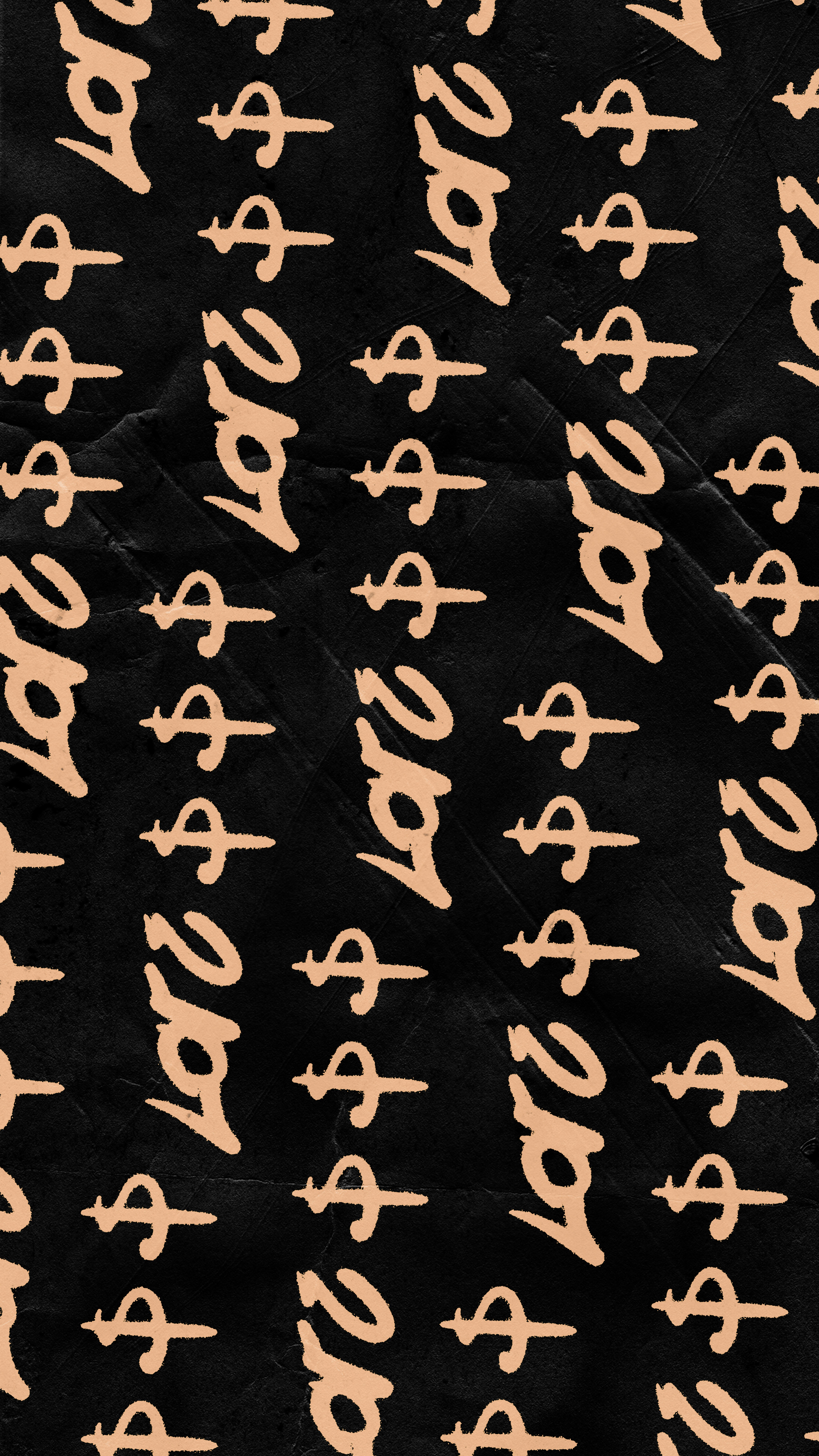 A pattern of hand-drawn peach dollar signs on a textured black background