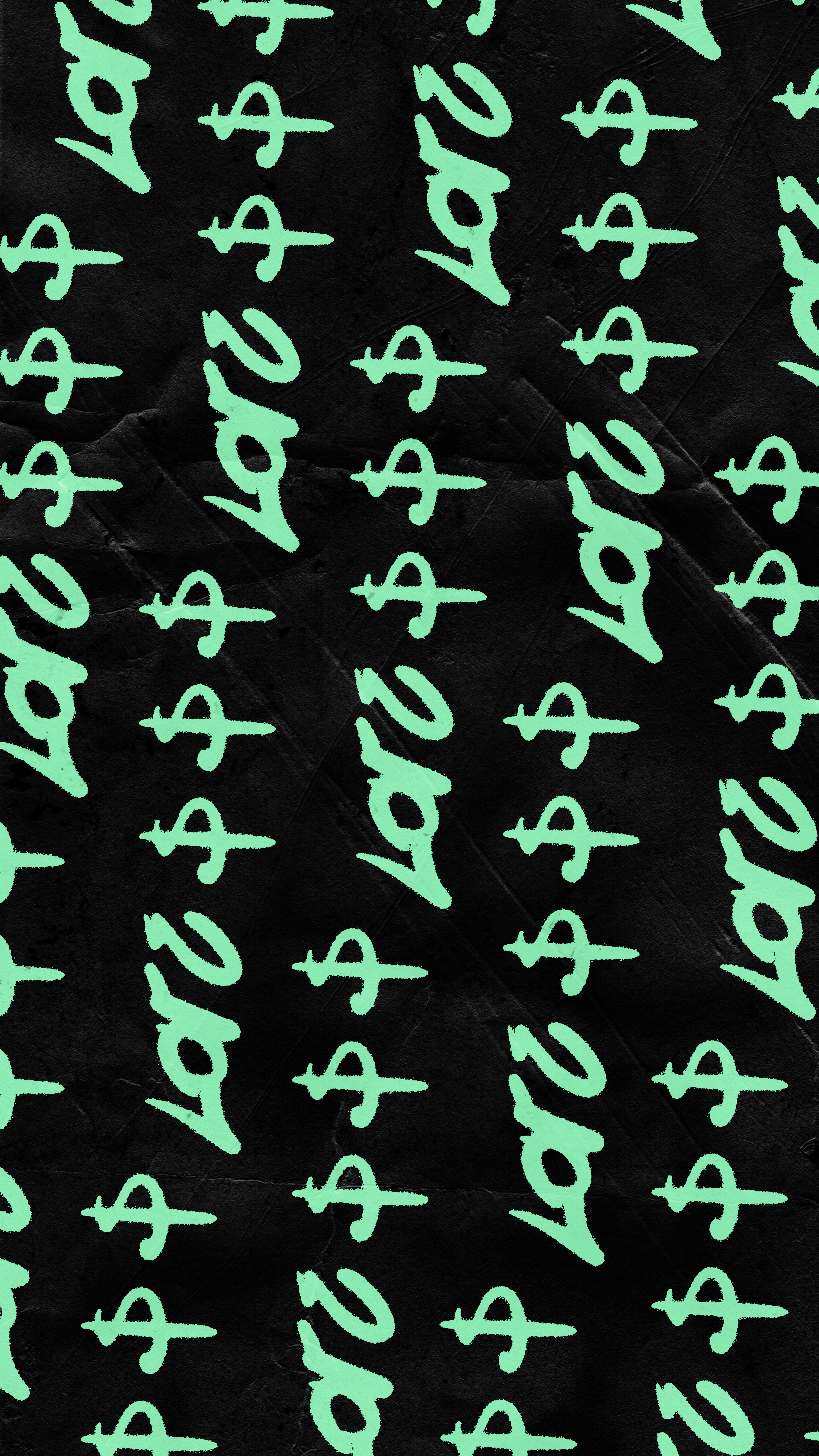 Mint green dollar signs in a repeating pattern on a black textured background