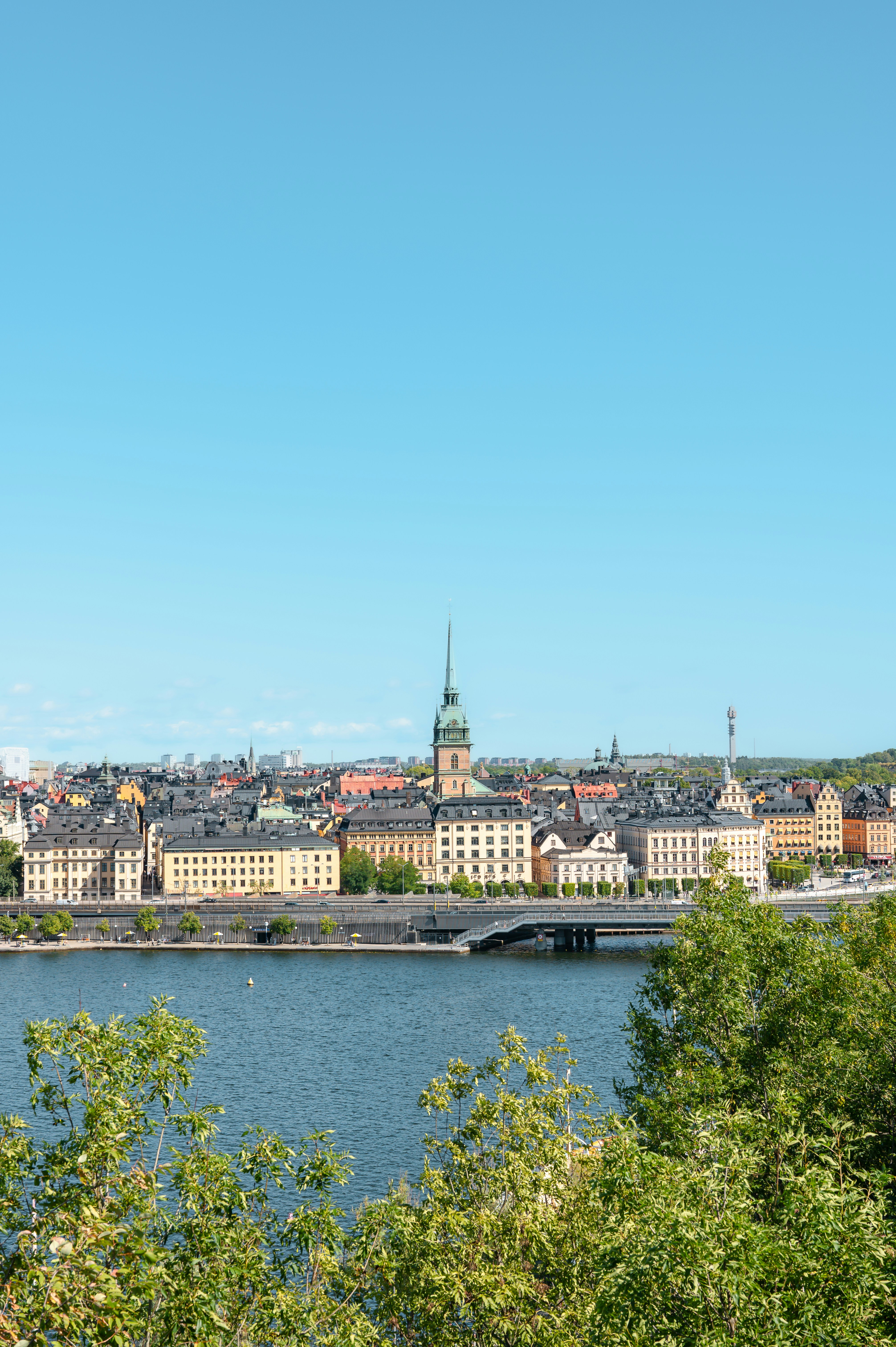 The Stockholm skyline with historic buildings and a church spire across the water