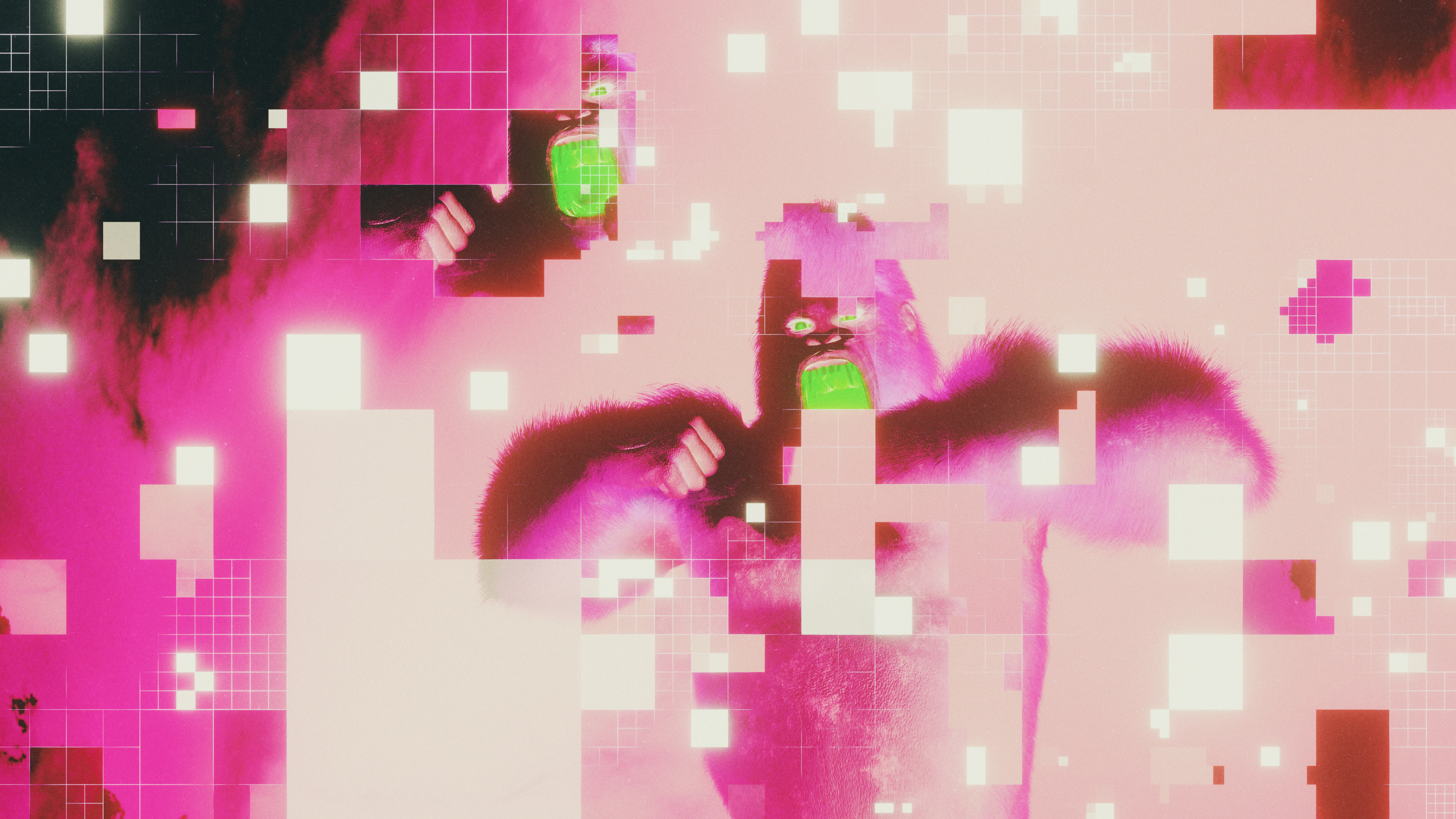 A gorilla with a bright green mouth against a pink digital glitch background