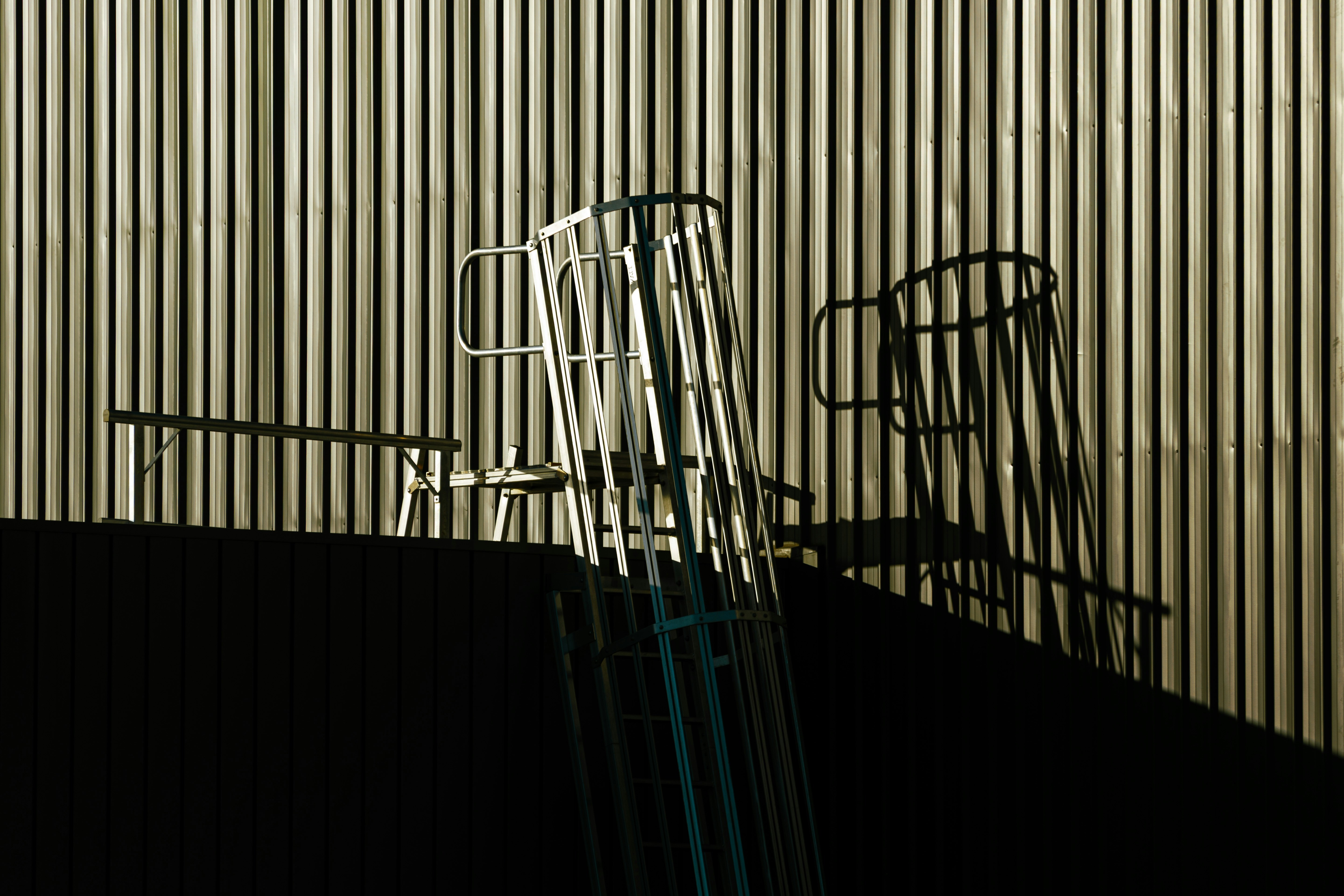 A metal ladder with a safety cage against a corrugated metal wall