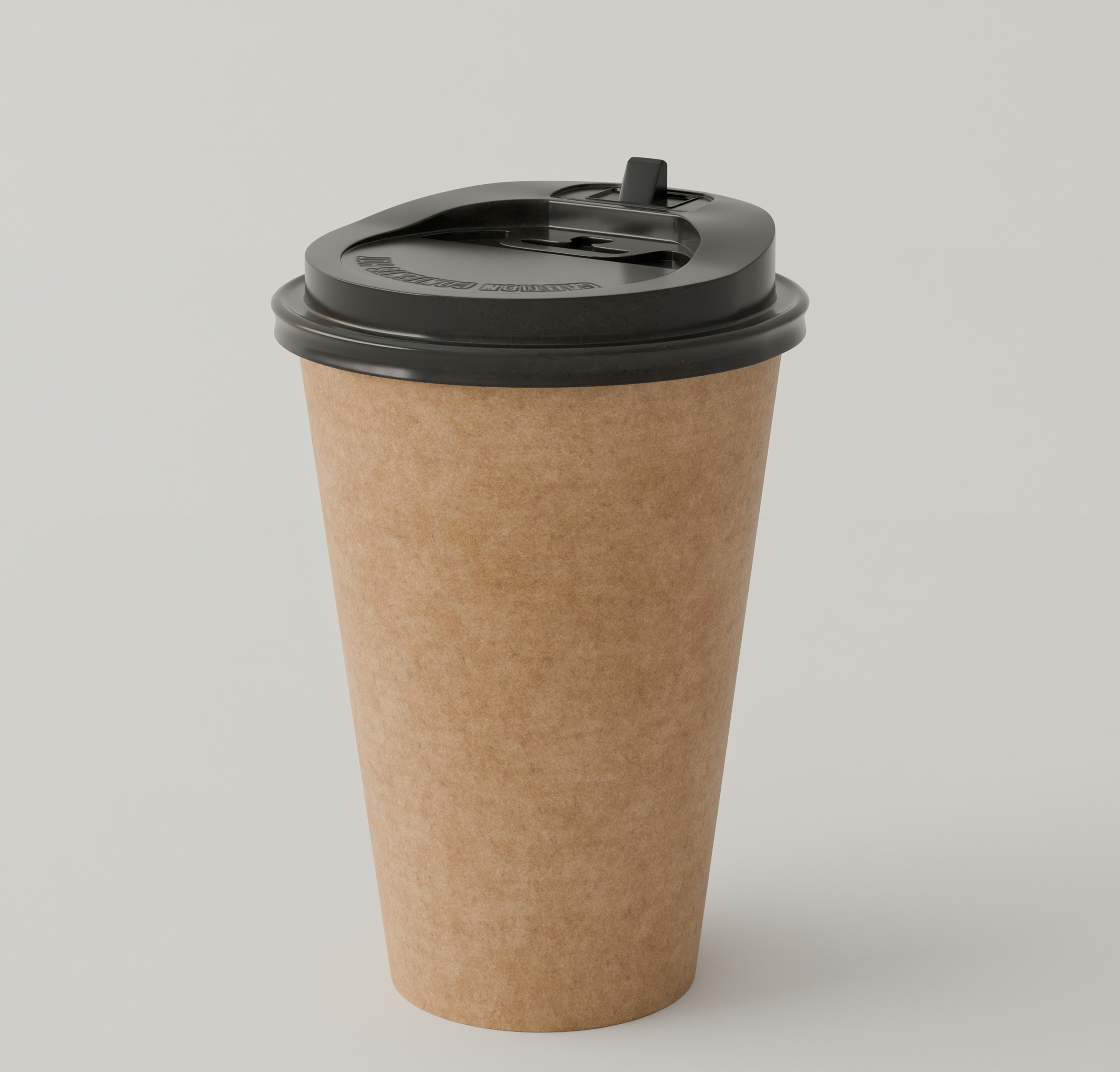 A brown paper coffee cup with a black plastic lid