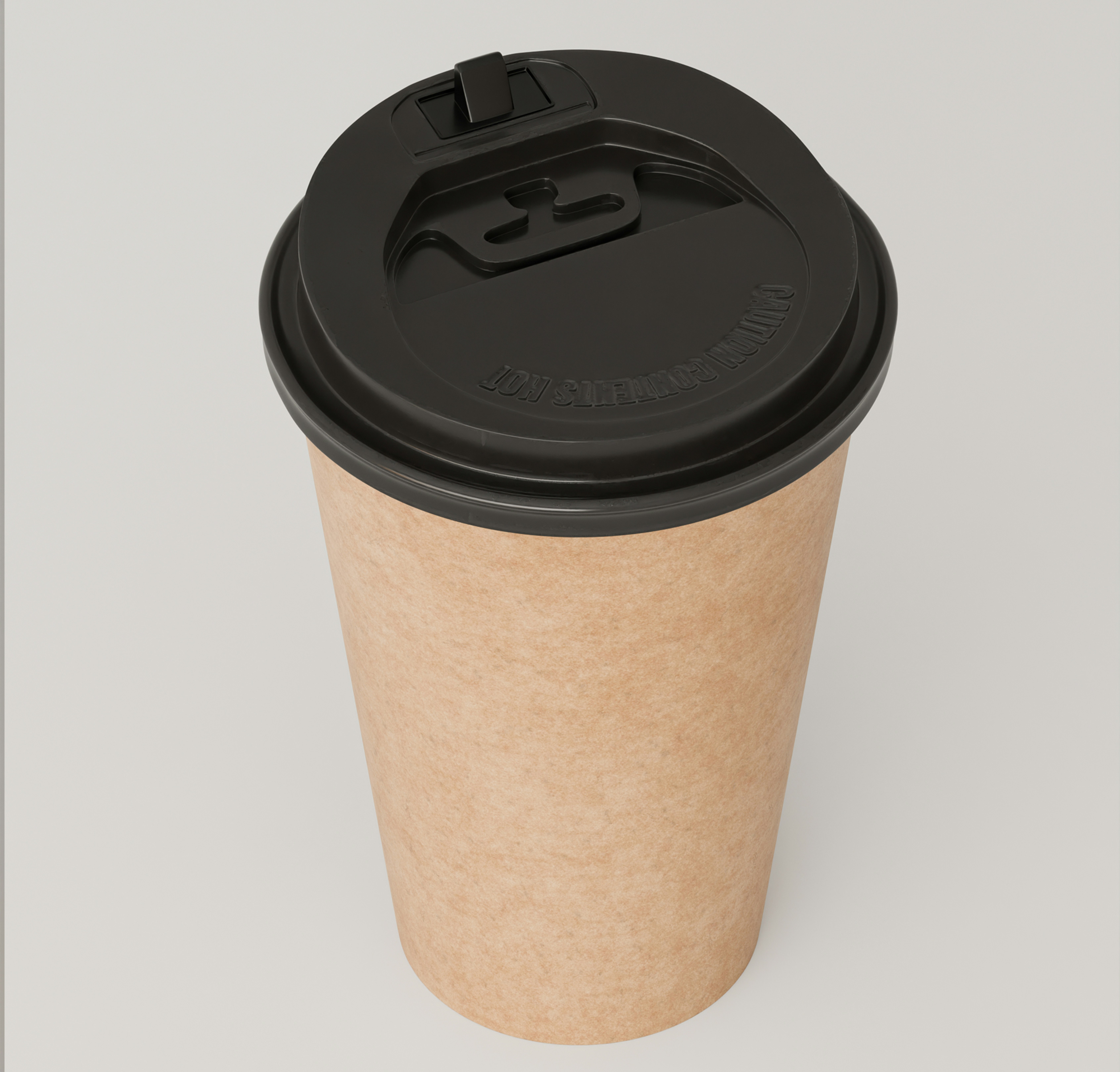 A disposable paper coffee cup with a black plastic lid on a light surface