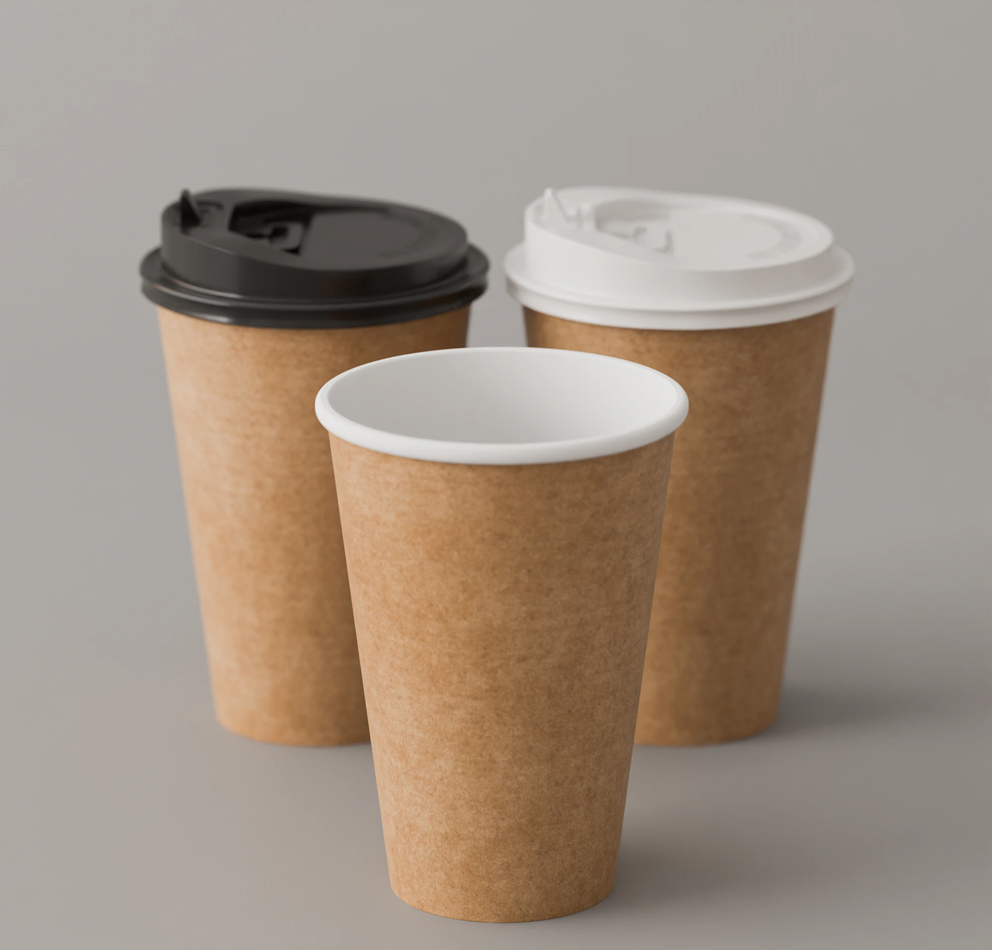 Three kraft paper coffee cups with black and white lids on grey