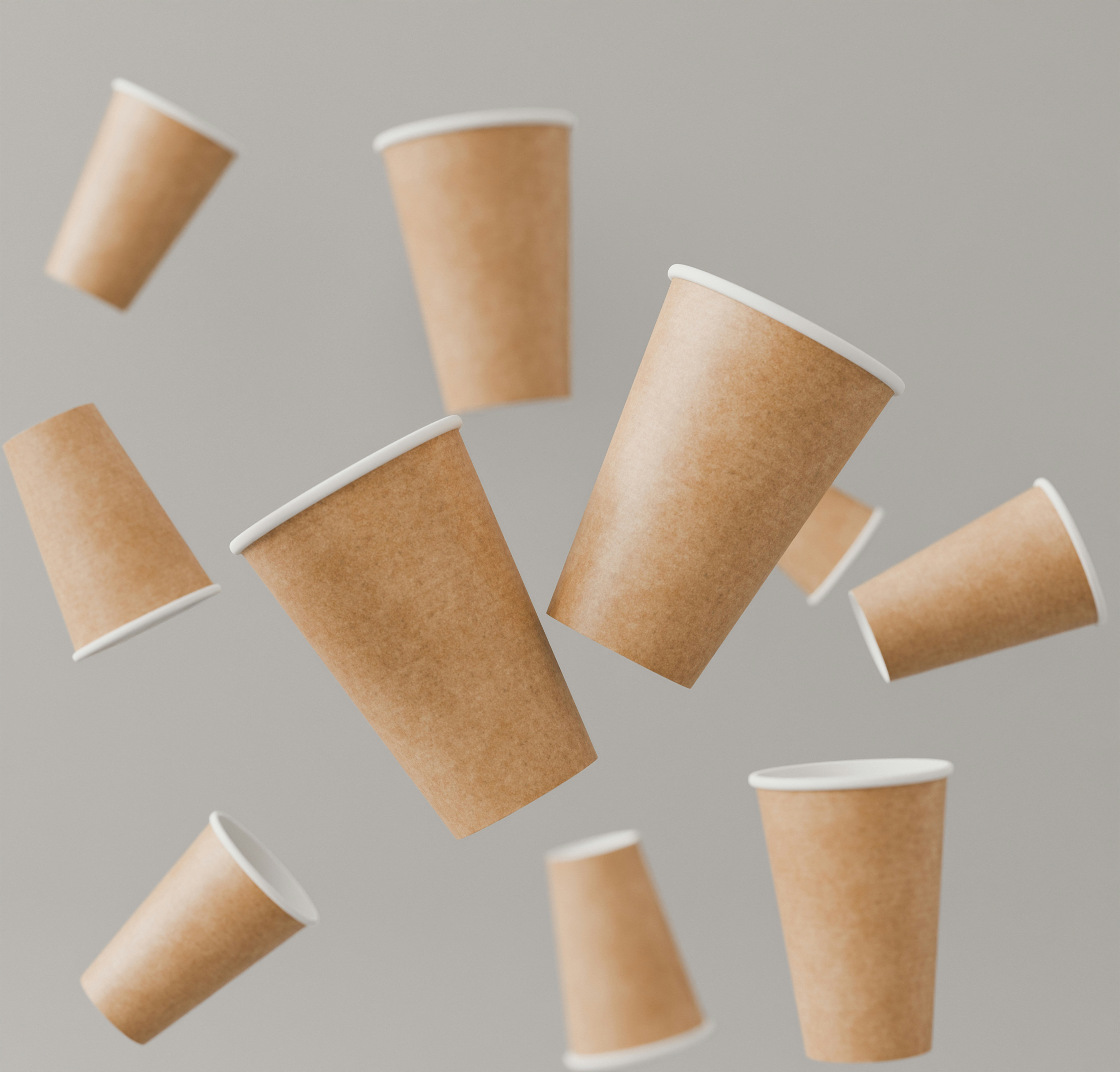 Multiple brown paper coffee cups floating against a plain grey background