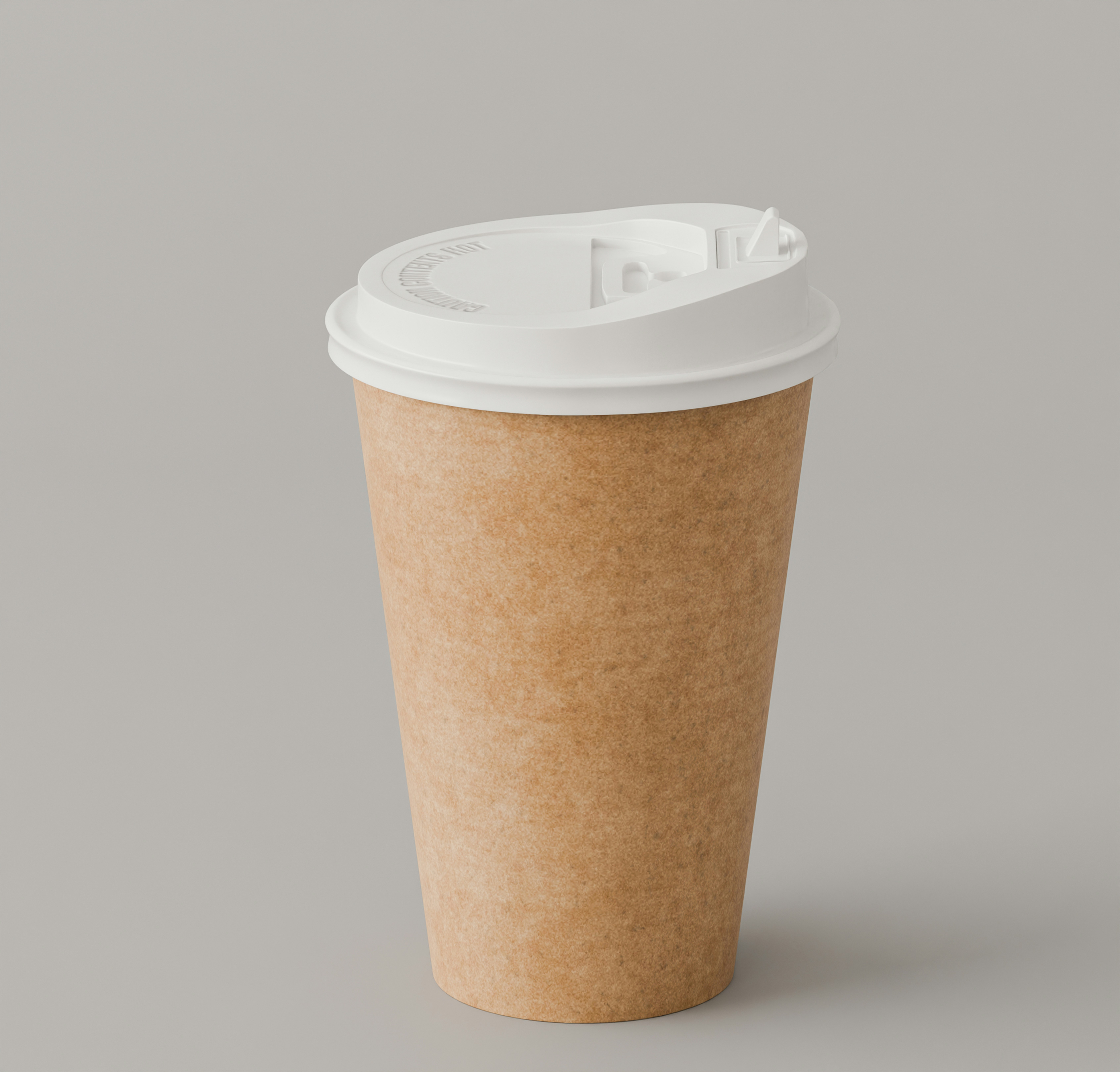 A brown paper coffee cup with a white plastic lid on a grey background