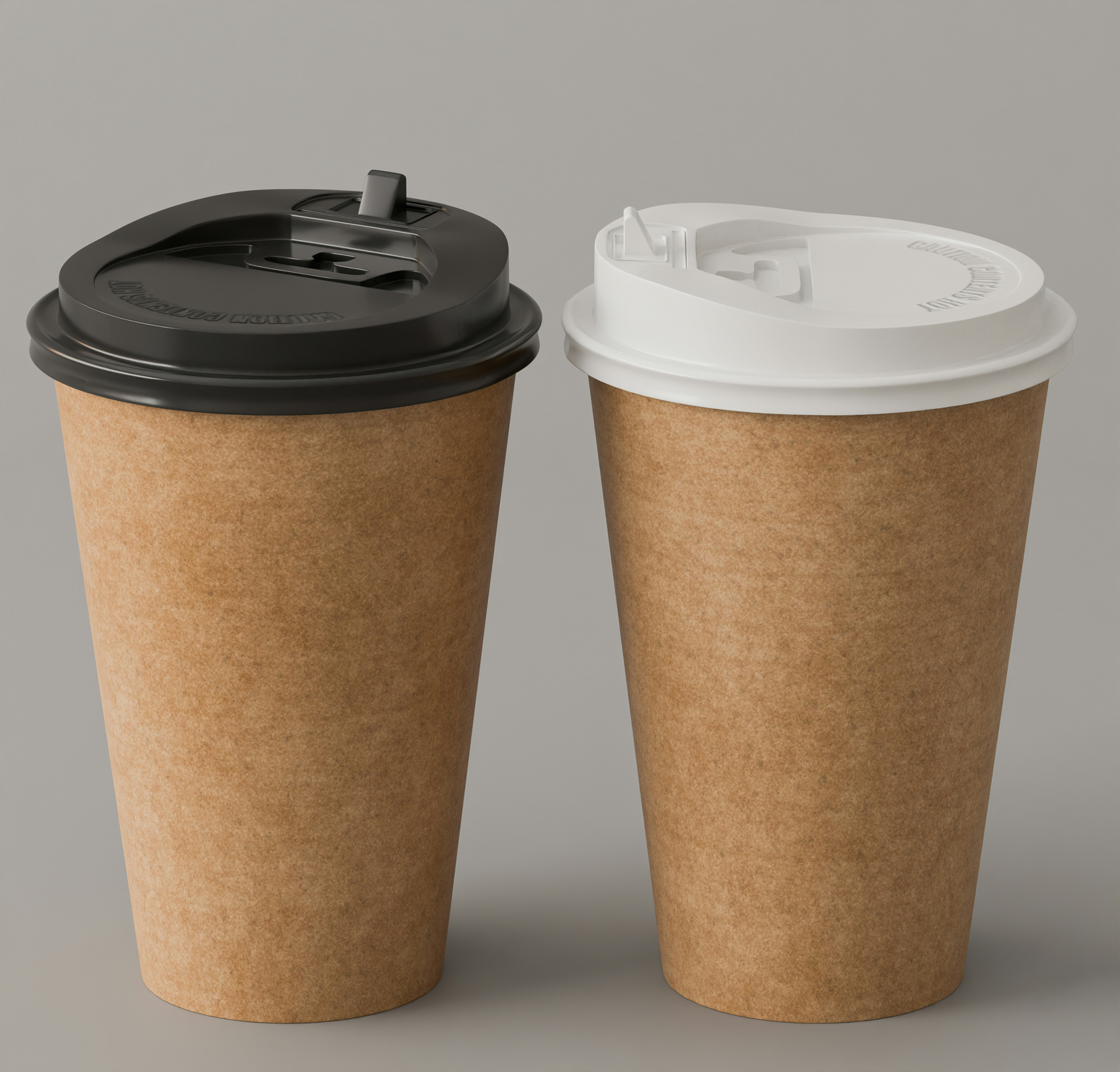 Two brown paper coffee cups with black and white lids on a grey surface