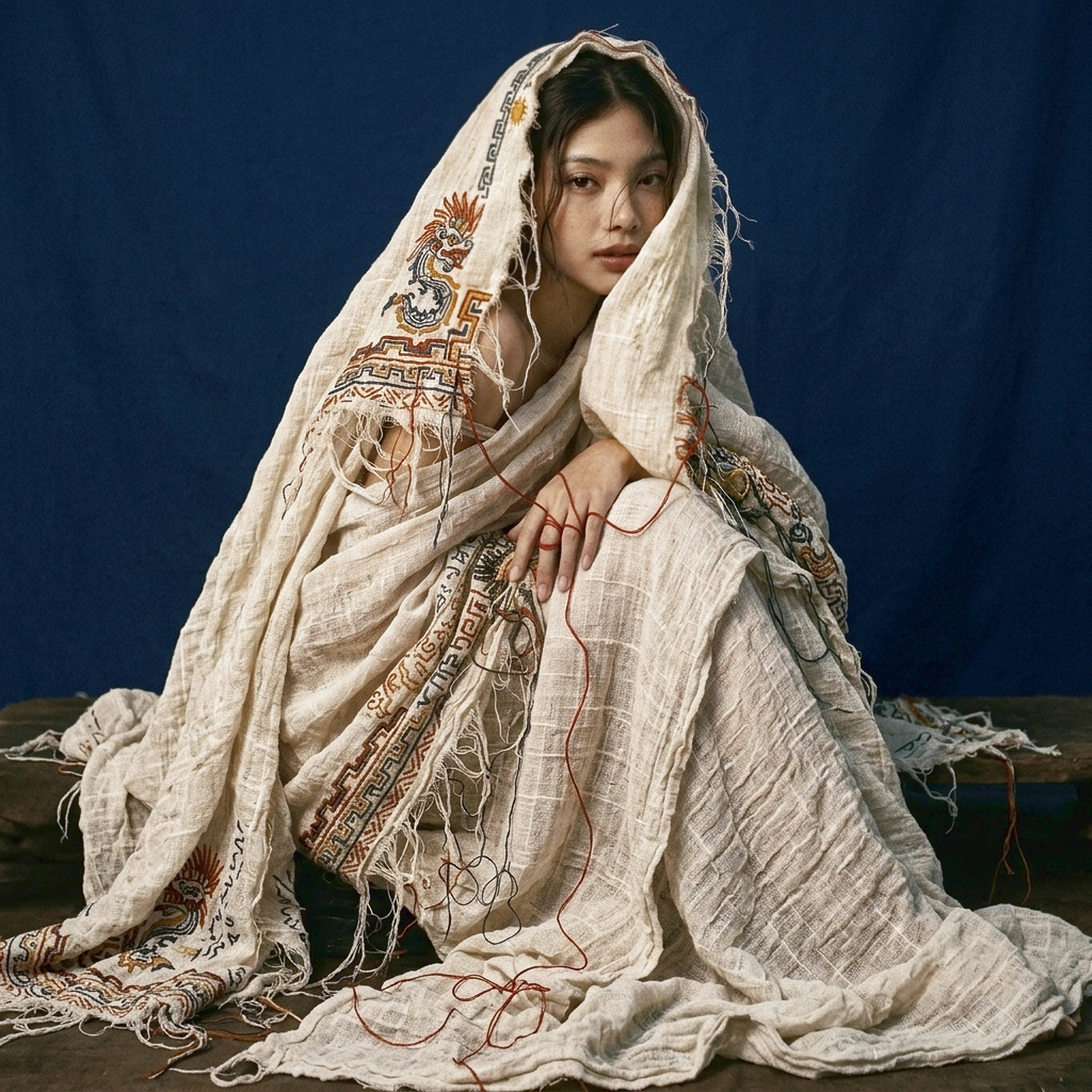 A woman draped in a textured cream fabric with embroidered patterns and loose threads