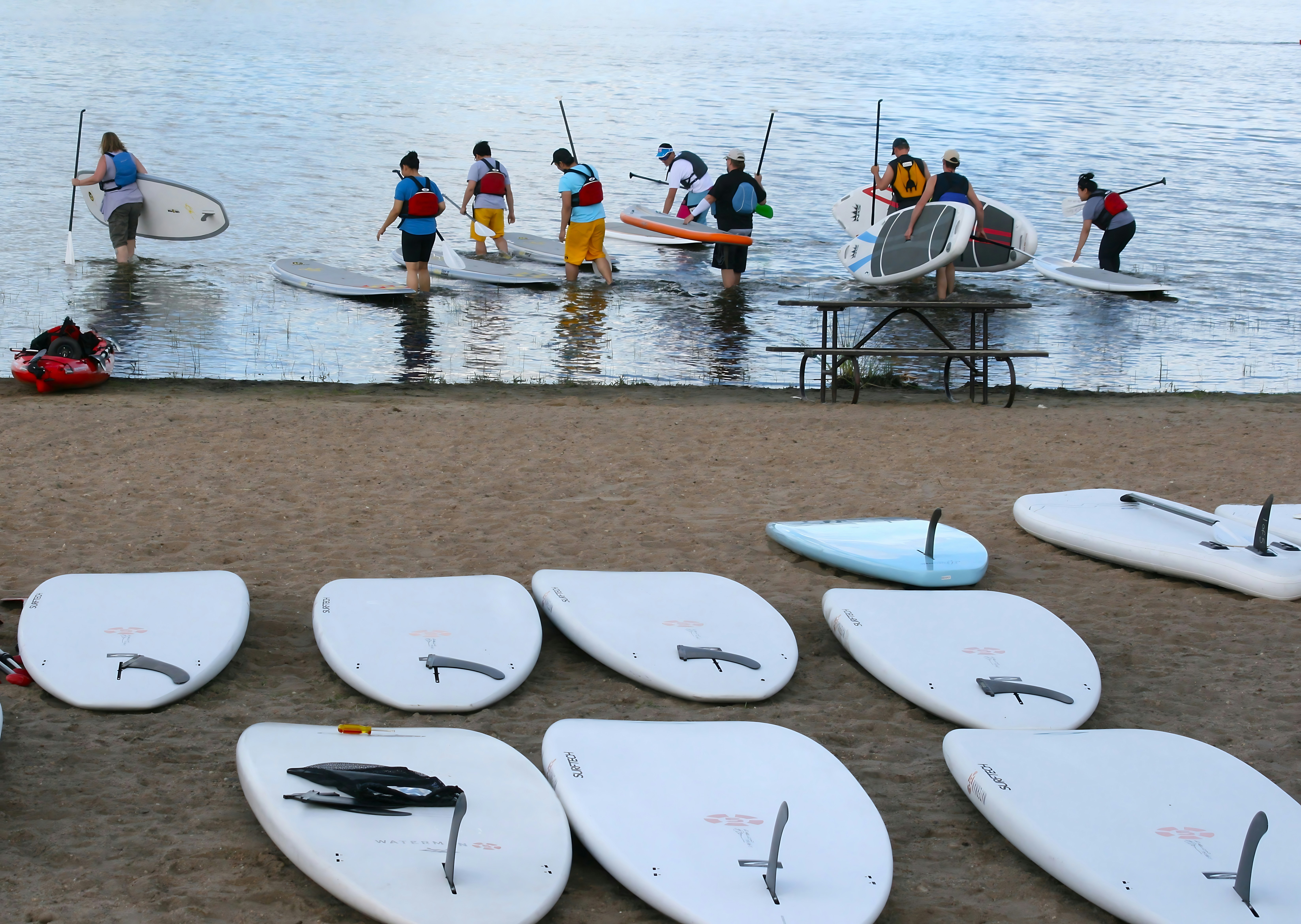 People carrying paddleboards into the water from a sandy beach with boards on sand