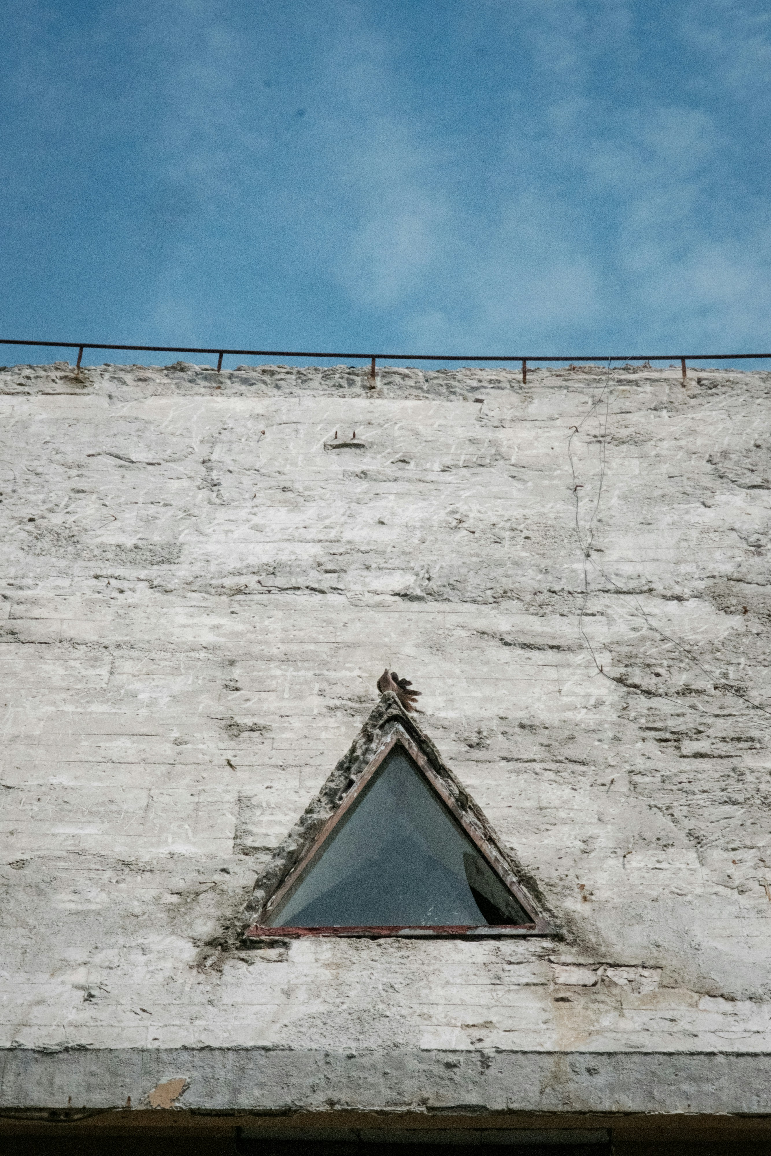 A bird perched on a triangular window in a weathered concrete wall