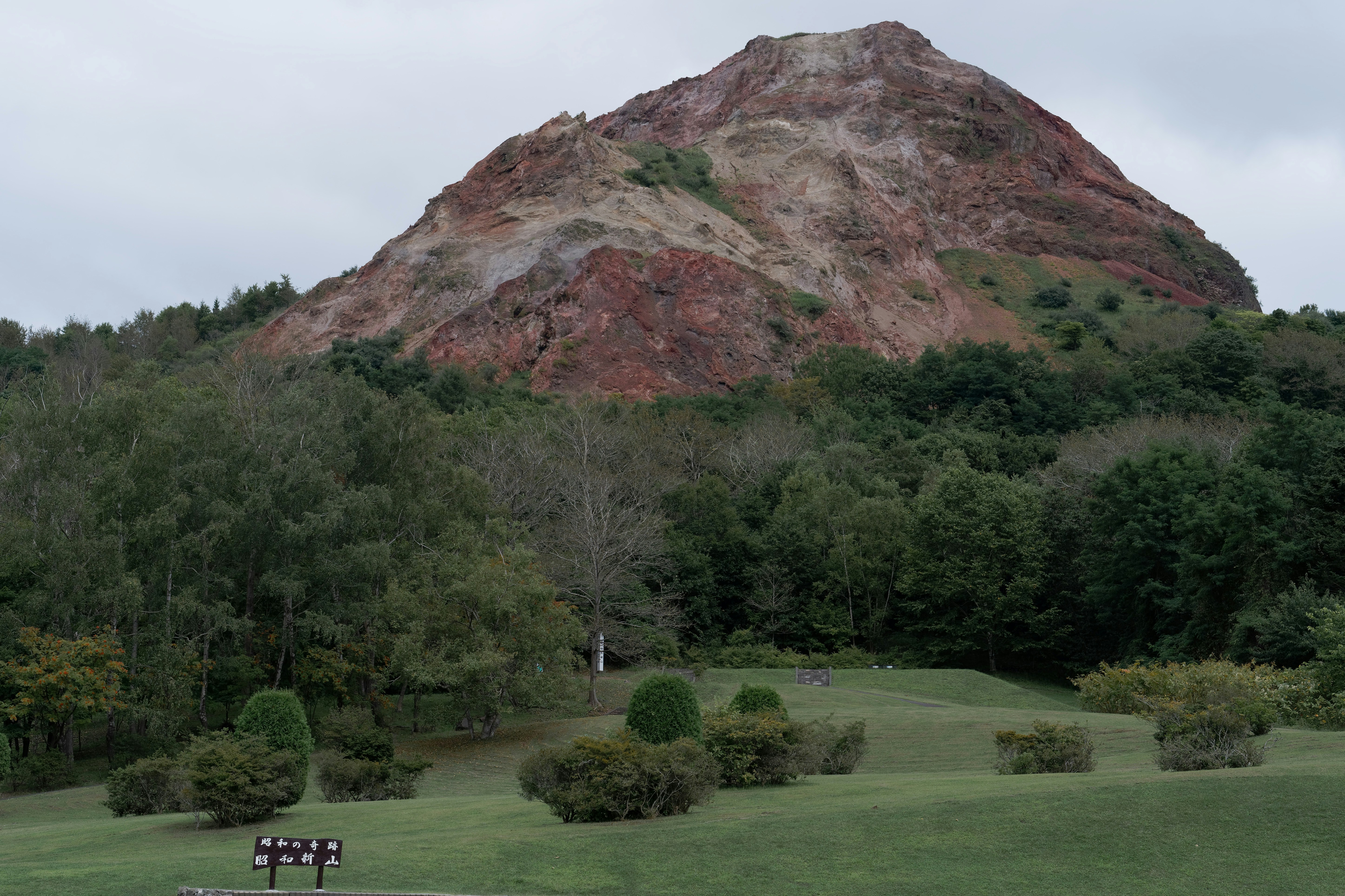 A rocky volcanic mountain rising above a green forest and grassy park