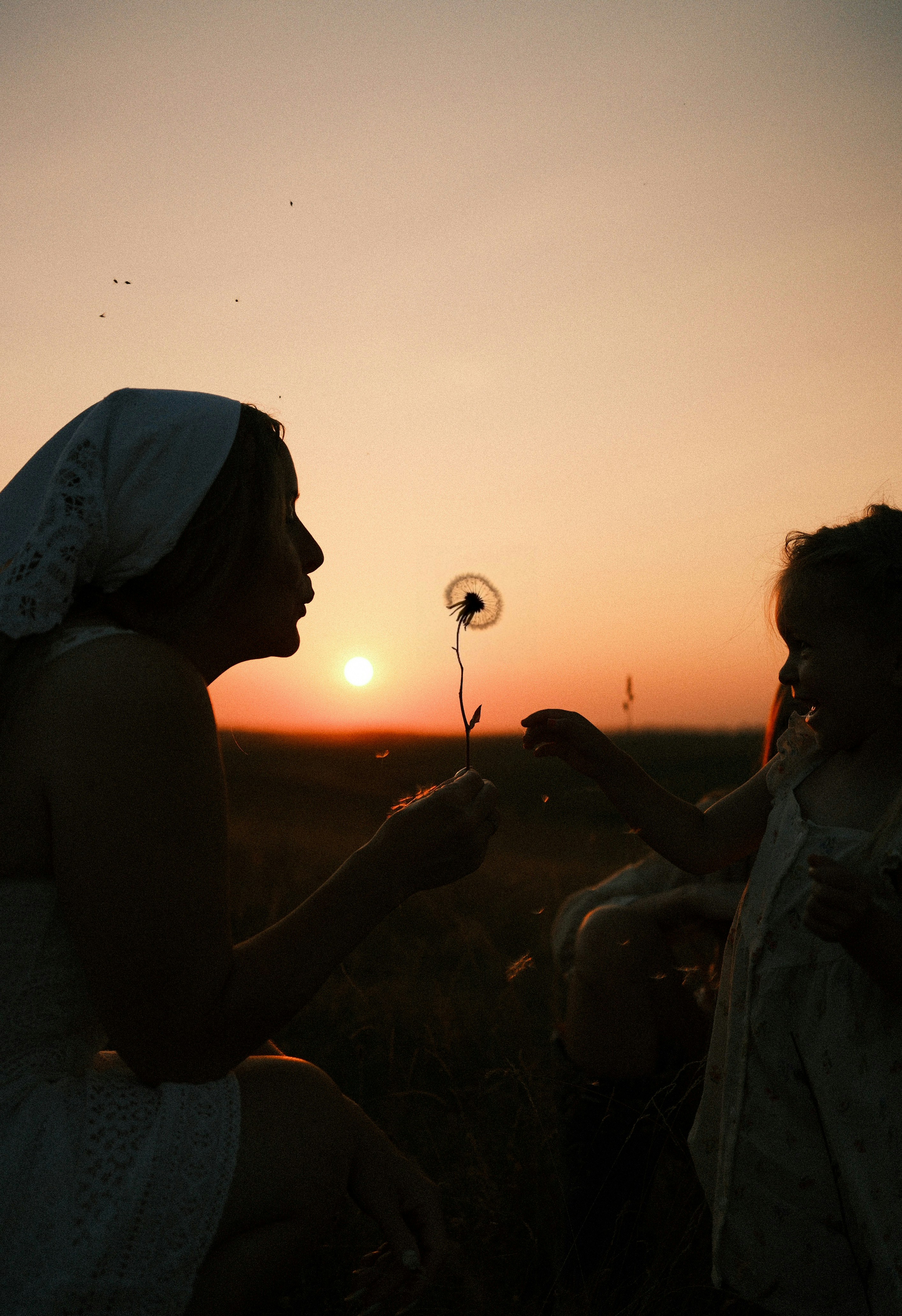 A mother and child blowing a dandelion together at sunset