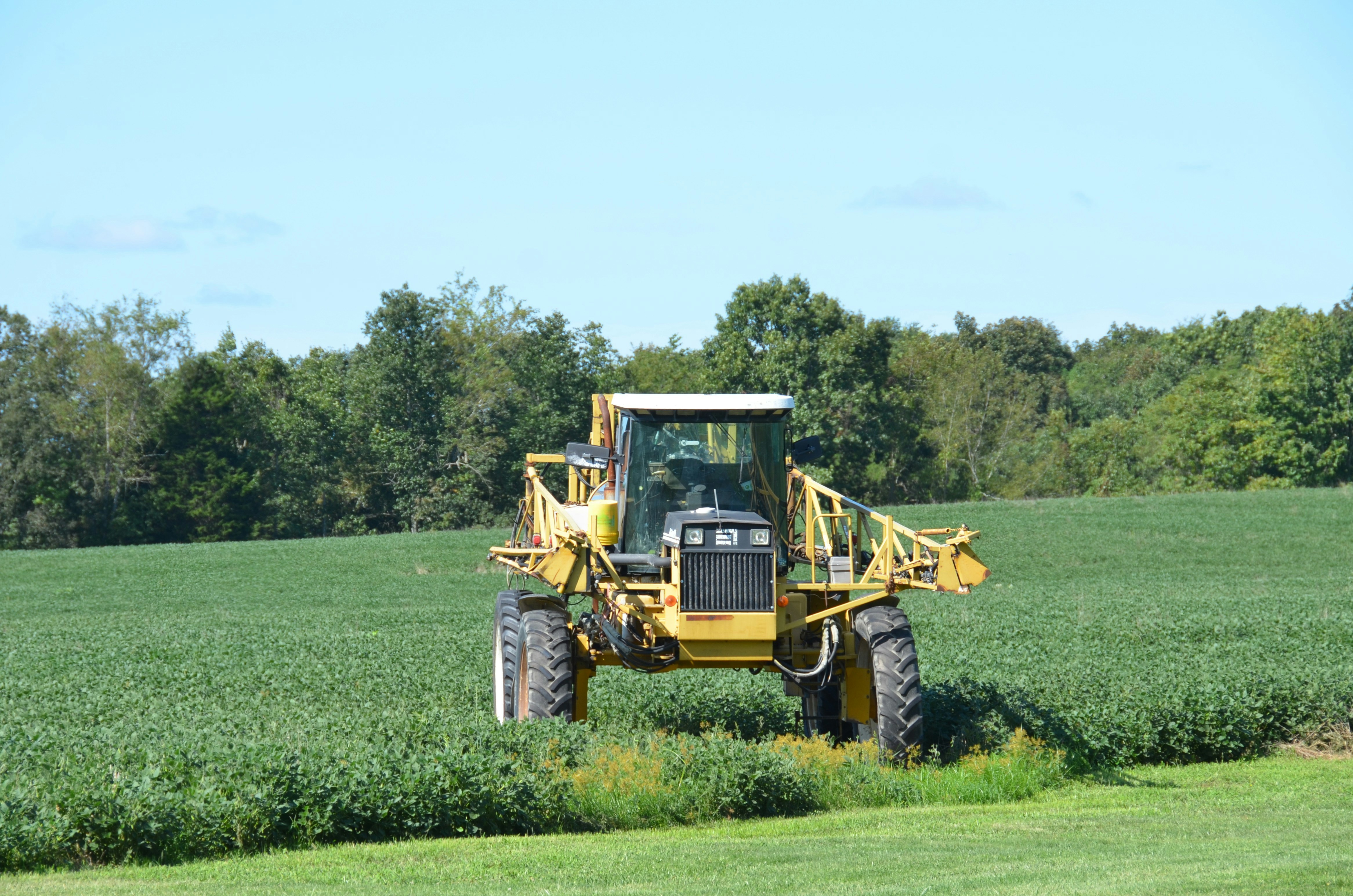 A yellow agricultural sprayer in a green field under a clear blue sky