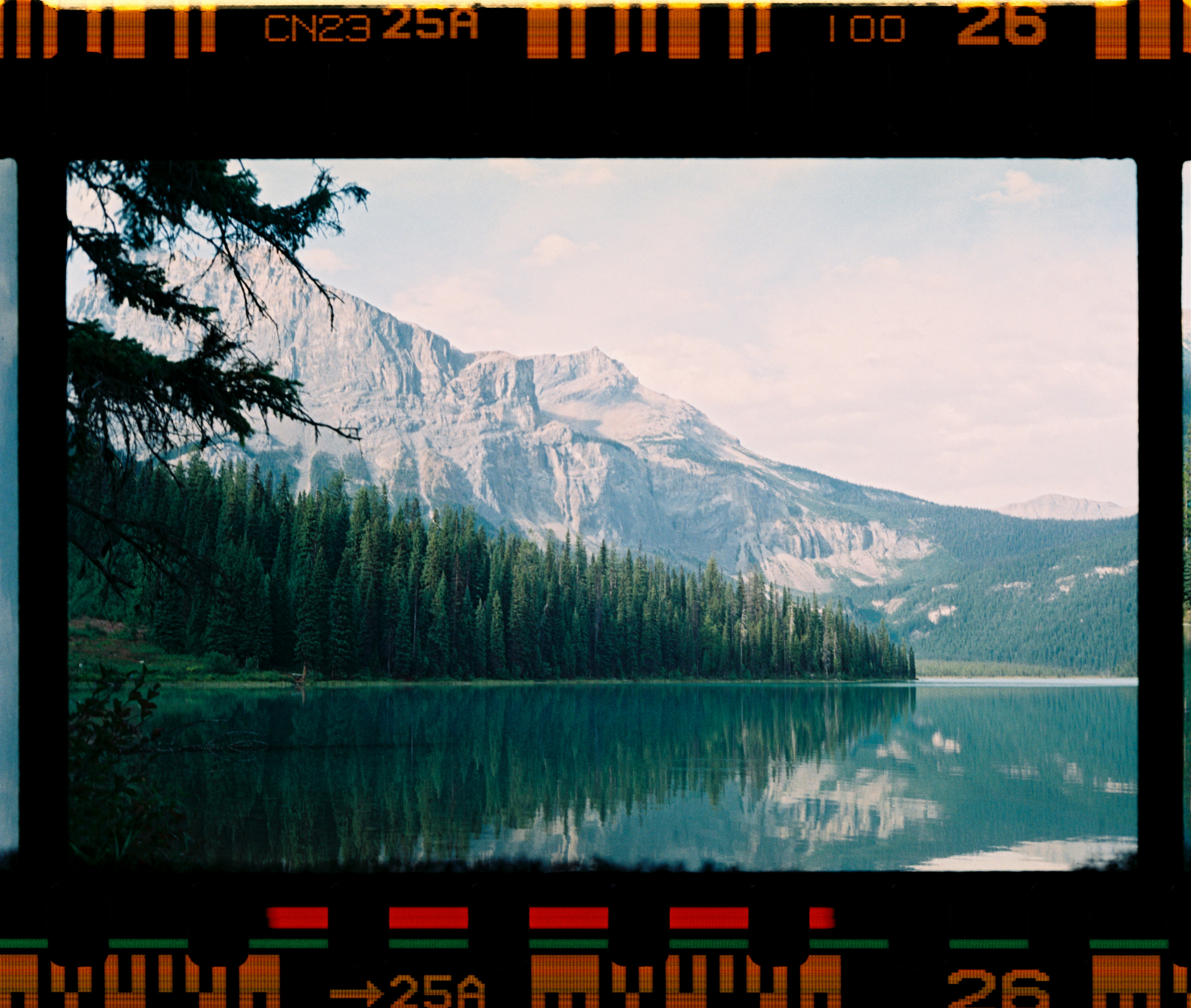 A calm lake reflecting a dense pine forest and rugged mountain peaks
