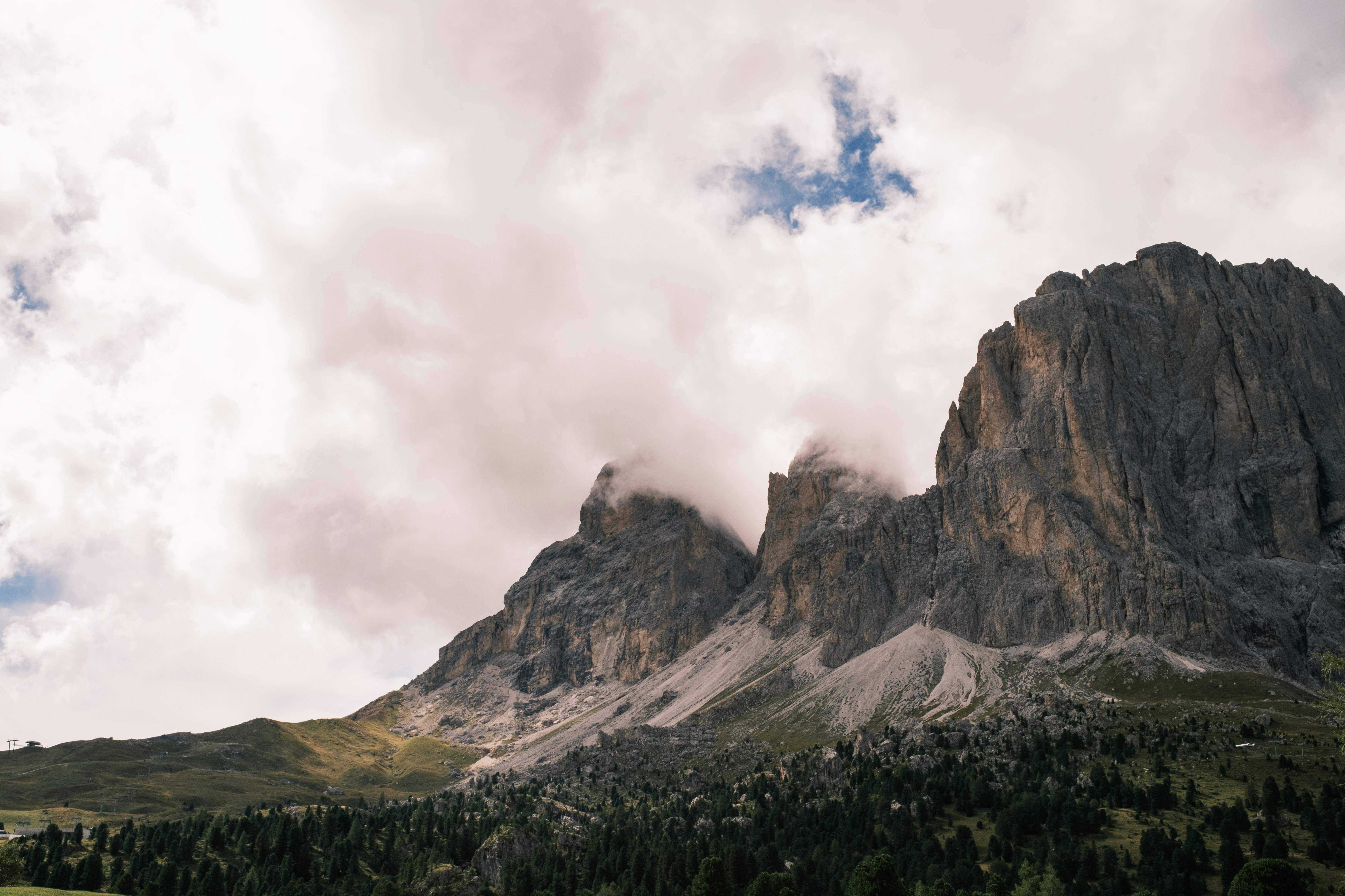 Rocky mountain peaks partially obscured by low clouds above a pine forest