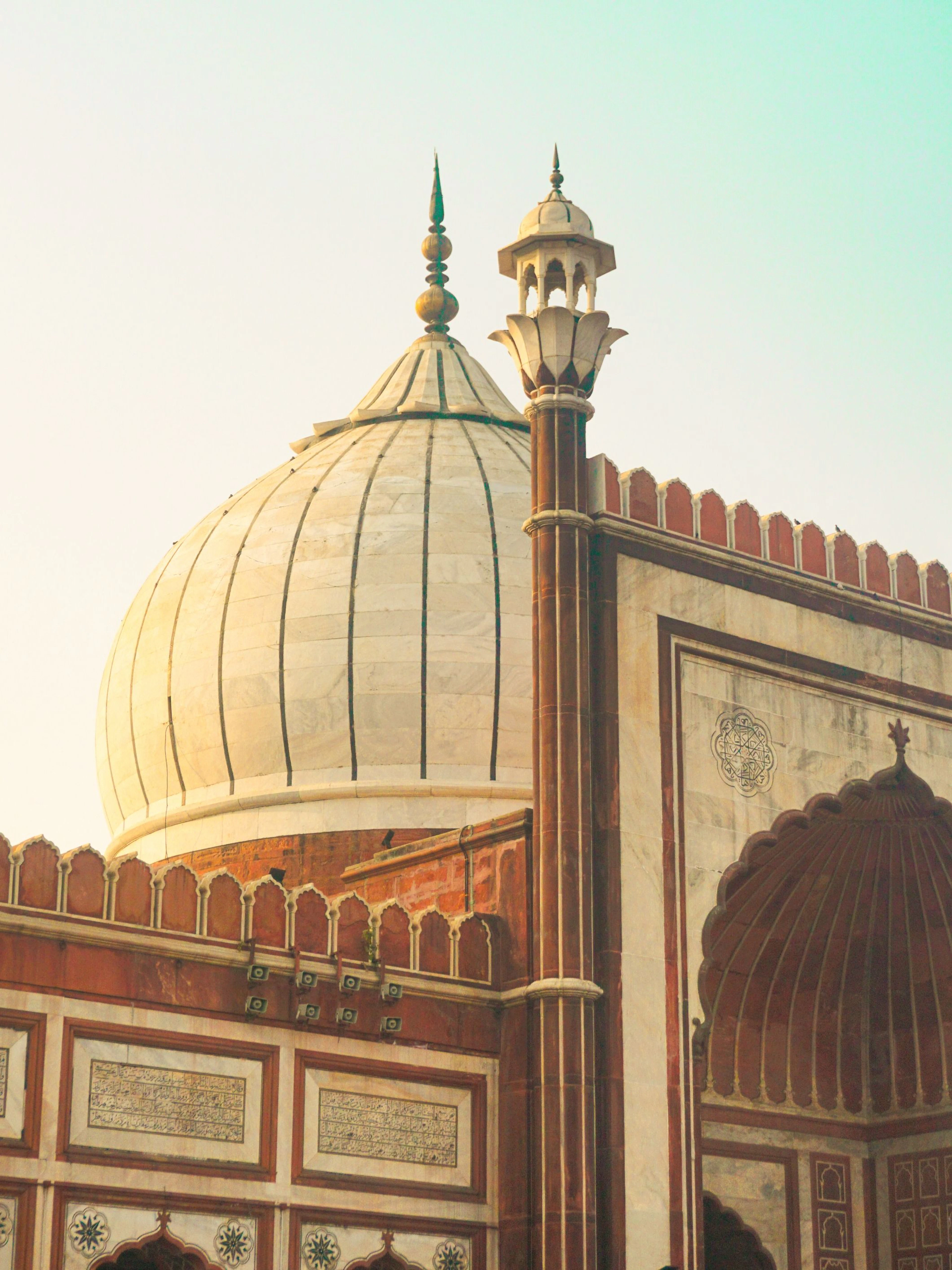 Jama Masjid's marble dome and sandstone minaret against a pale sky in Old Delhi.