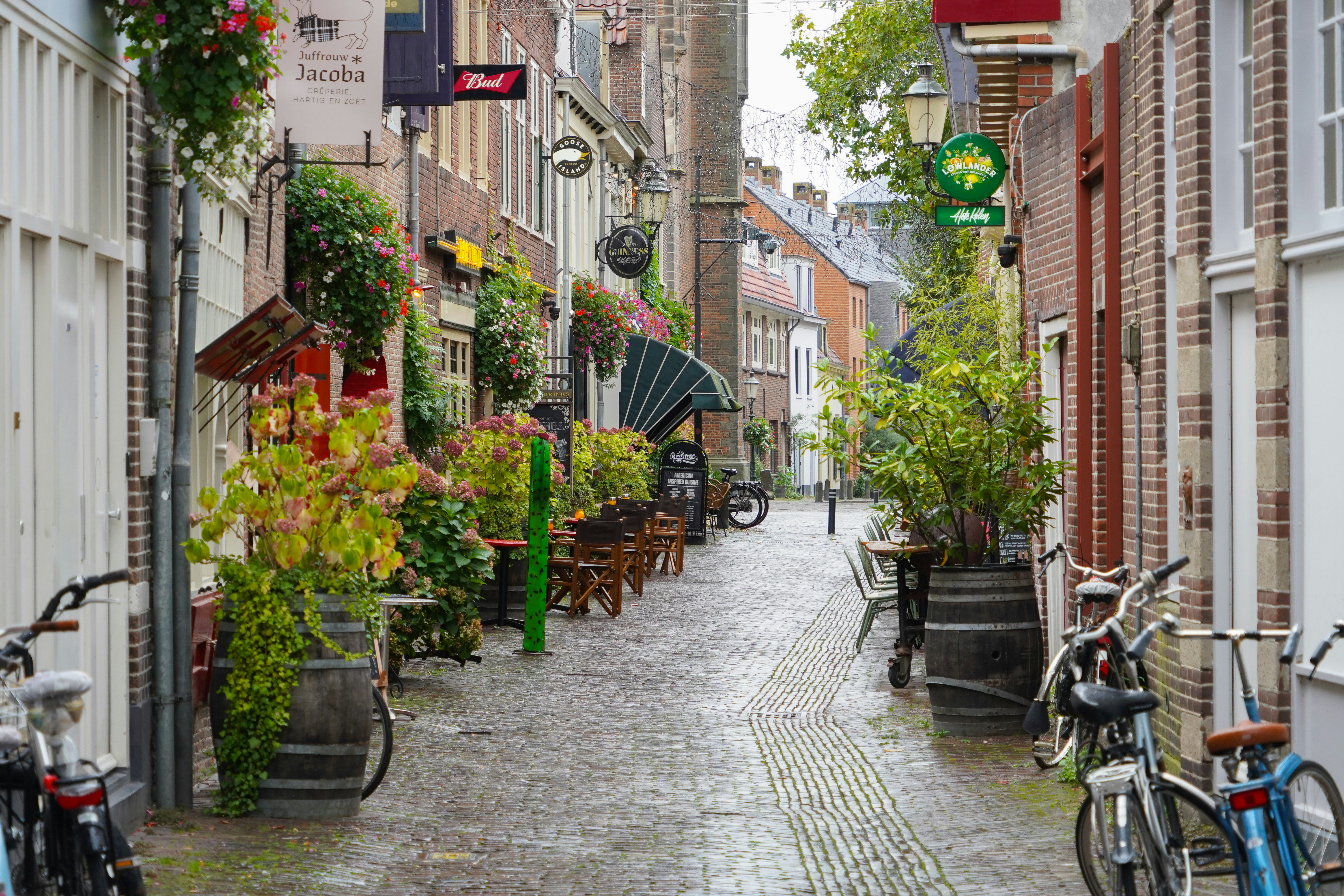 Eine schmale Kopfsteinpflasterstraße in einer niederländischen Stadt mit Fahrrädern und Café-Sitzplätzen im Freien