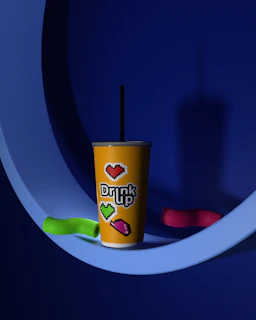 An orange paper cup with pixel art stickers on a blue circular platform