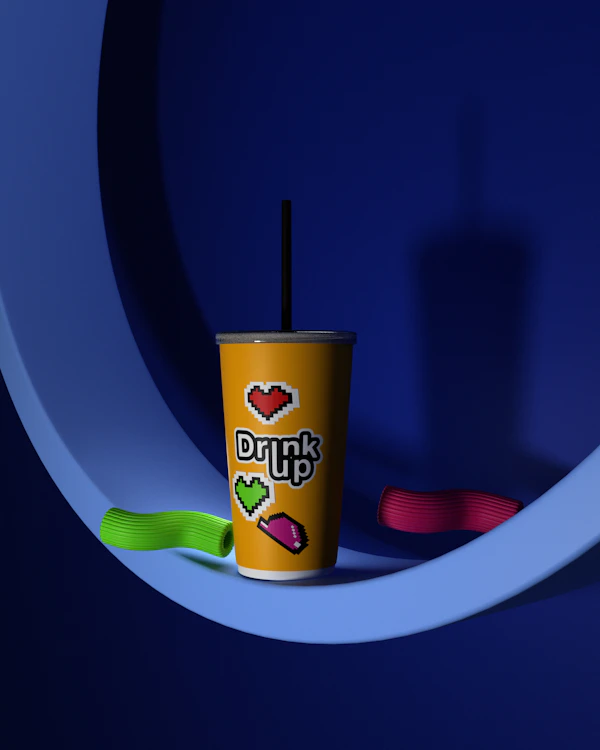 Printed cup design on a blue set