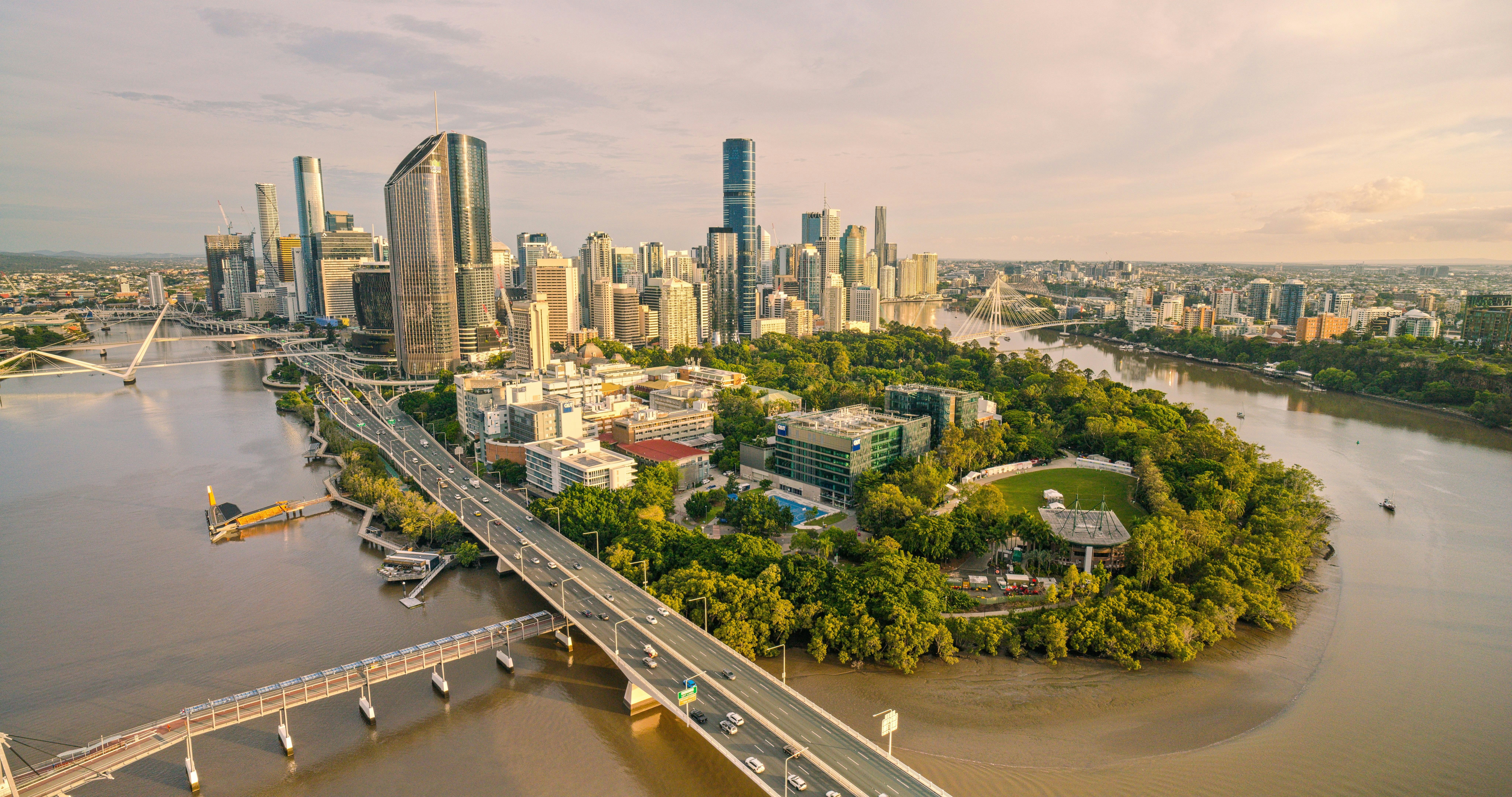 Aerial Garden's Point with Brisbane CBD in background. Location: Garden's Point, Brisbane