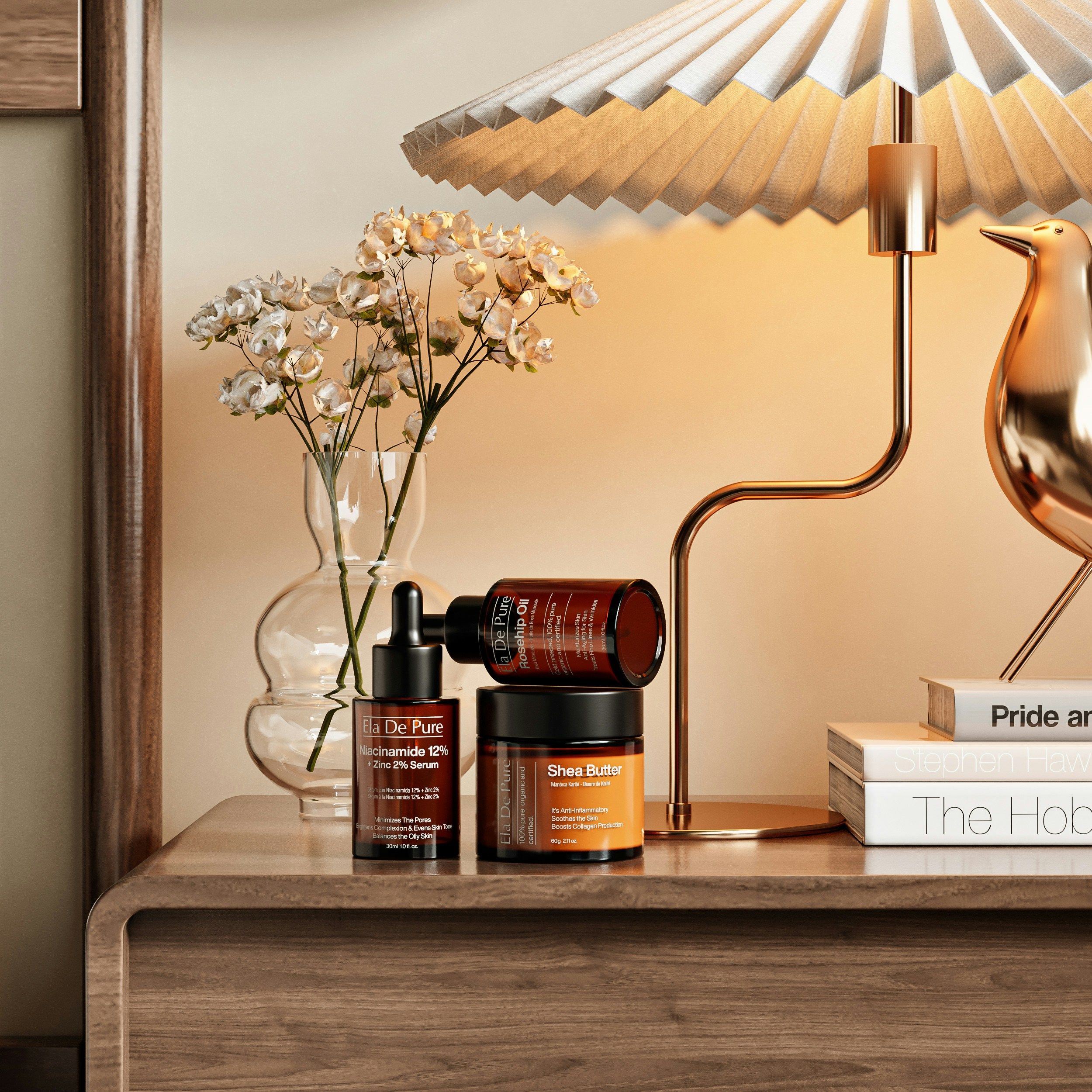 Amber skincare bottles on a wooden table beside a pleated lamp