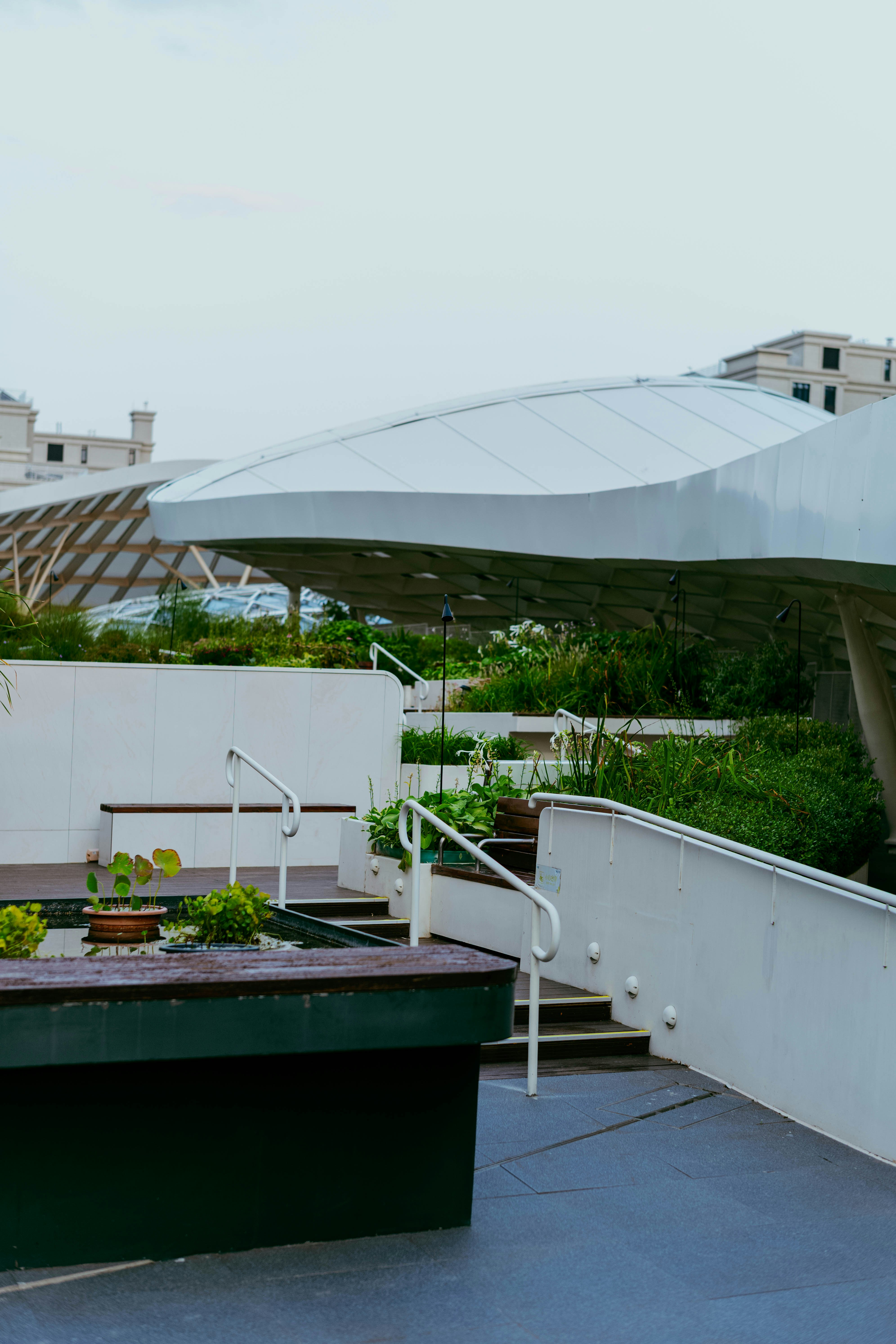A modern rooftop garden with white curved structures and a small water feature