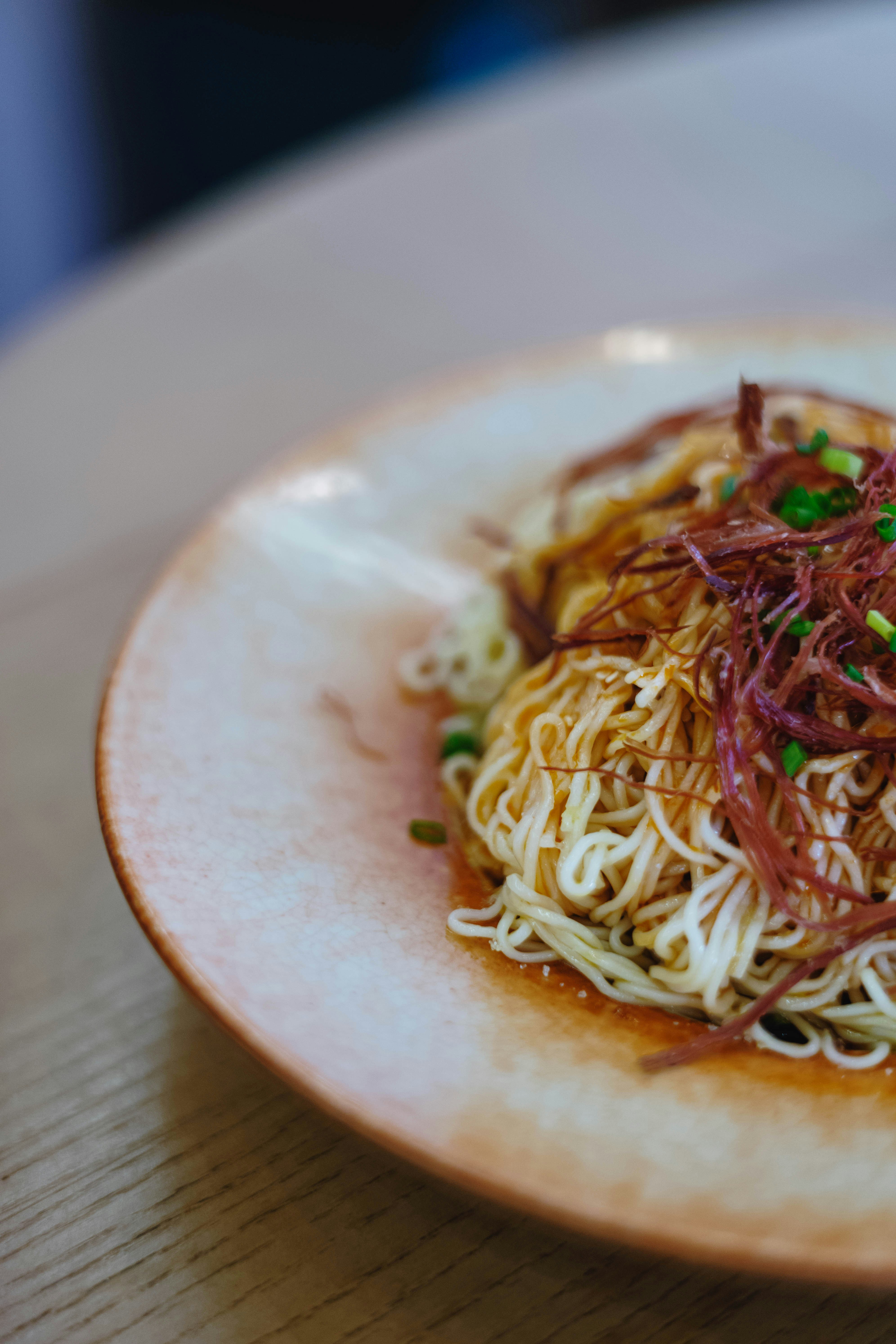 Thin noodles topped with shredded meat and green onions on a ceramic plate