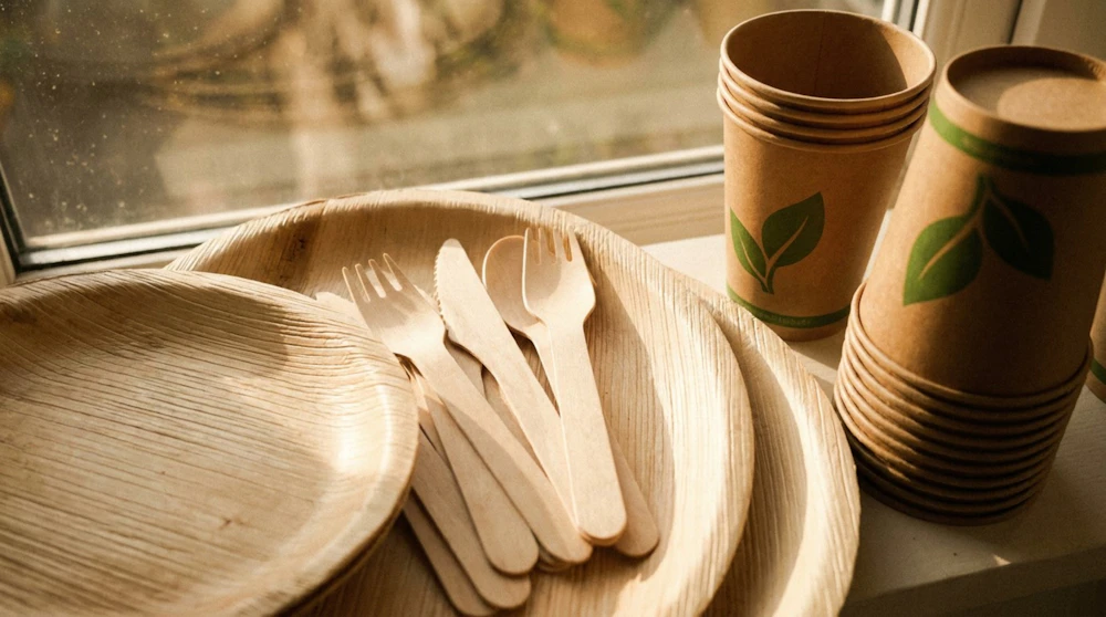 Palm leaf plates, wooden cutlery and paper cups beside a window