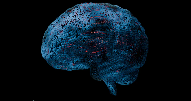 3D blue brain made of tiny fragments on black